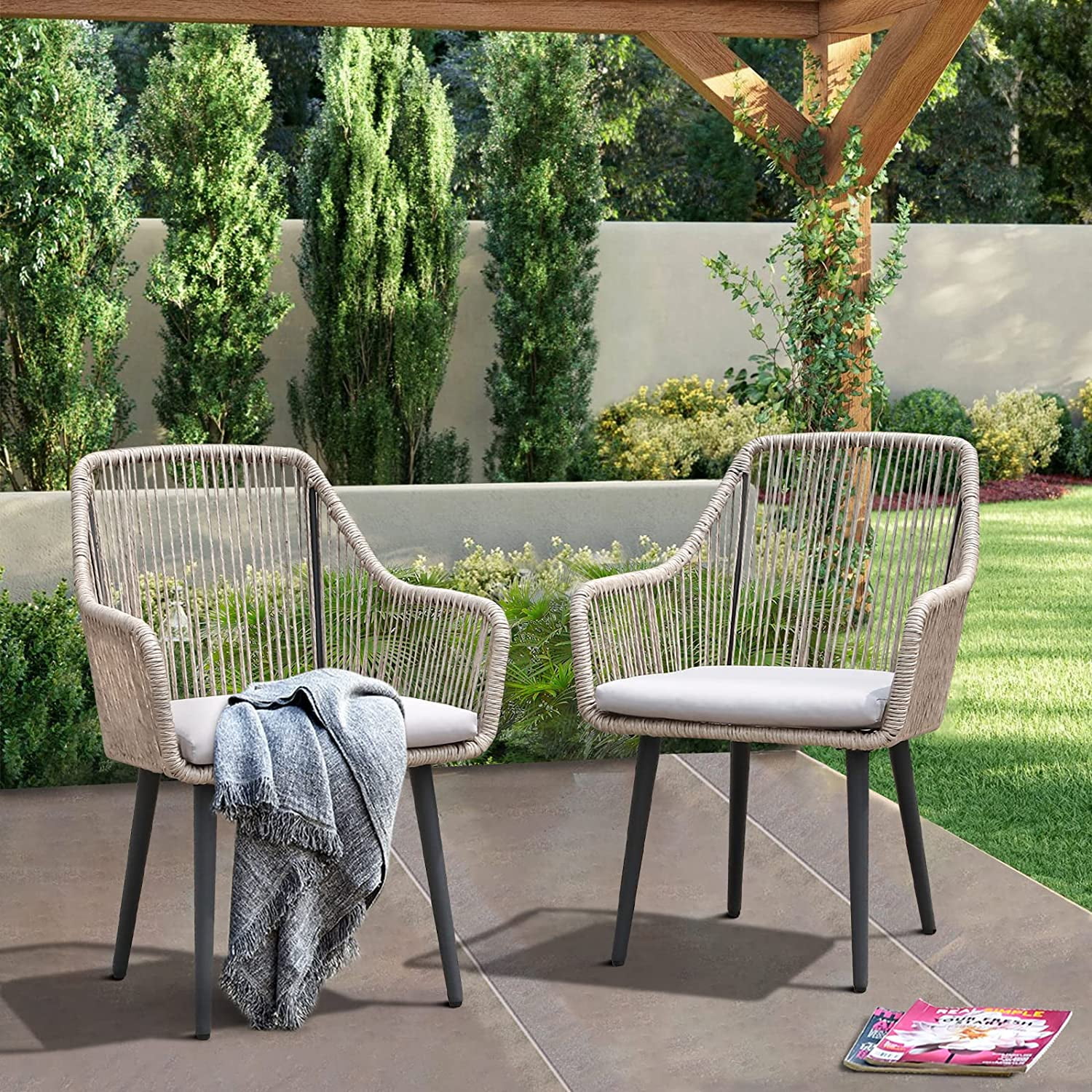 JOIVI Patio Wicker Chairs, 2 Pieces Outdoor Dining Chairs, All Weather Rattan Armchairs with Cushions, Indoor/Outdoor for Outside Lawn, Garden, Backyard, Tan
