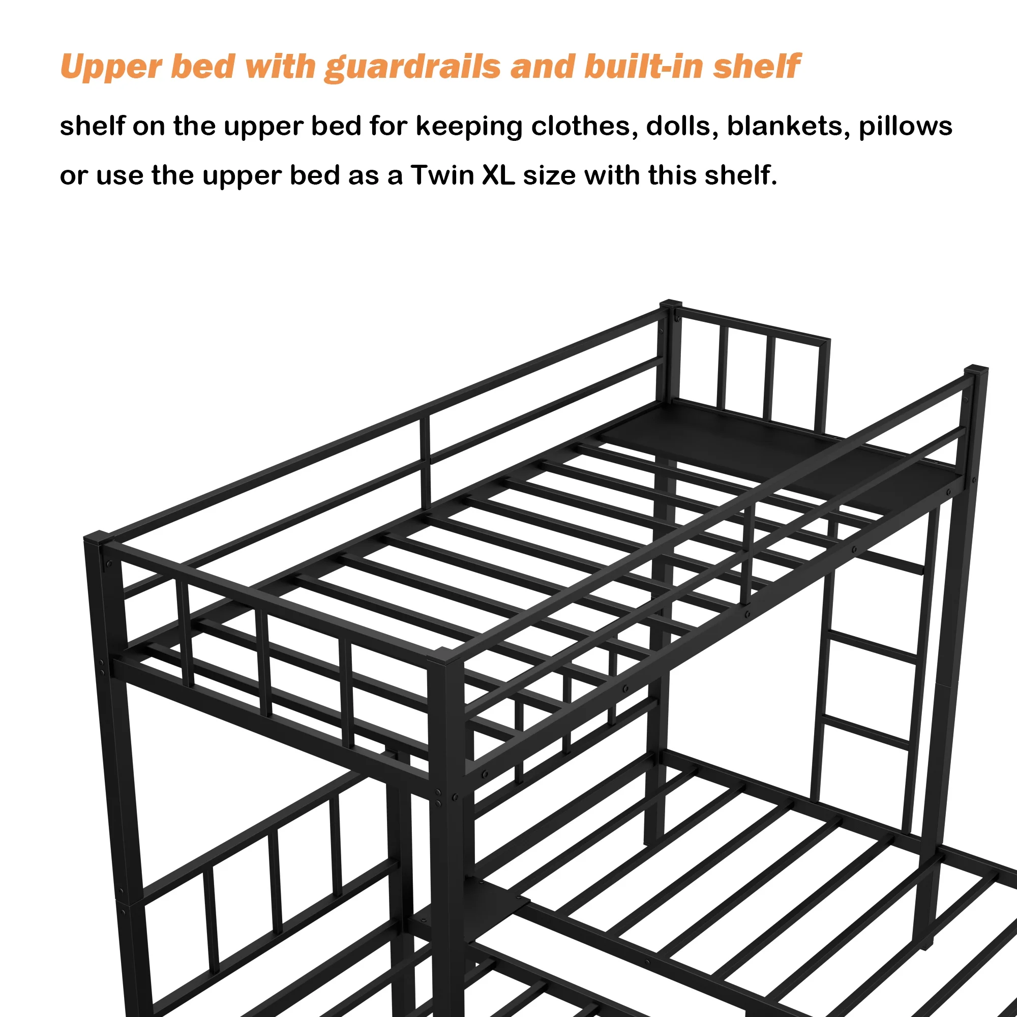 Bellemave Triple Bunk Bed Twin XL over Twin and Twin Metal Bunk Bed Frame with Storage Shelf Space Saving Bunk bed with Build-in Table Convertible 3 Bunk Bed for Kids Teens Boys Girls, Black