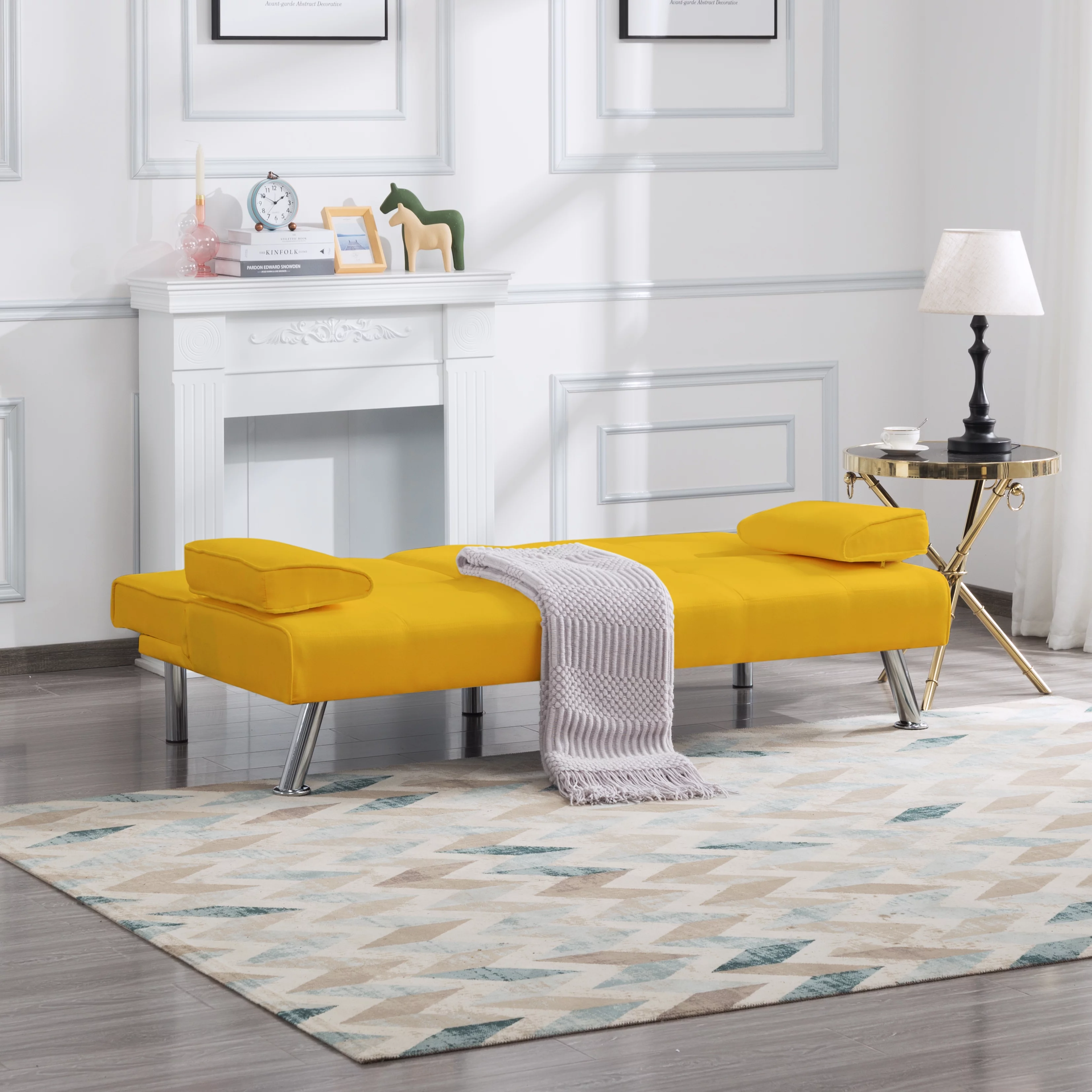 BSHTI 66.9 inch Futon Velvet Sleeper Sofa Bed and Drop Down Middle Back with 2 Cup Holders(Yellow)