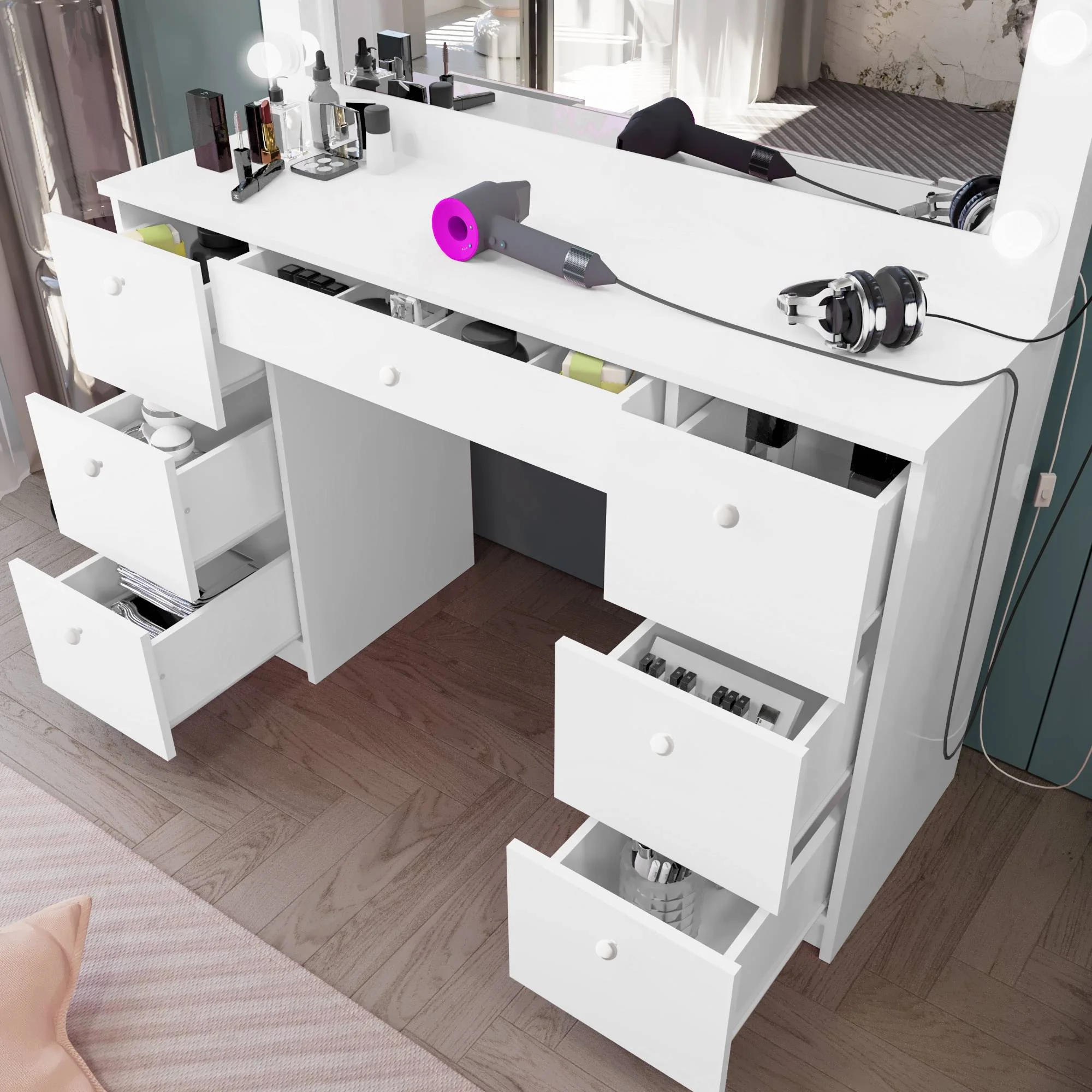 Boahaus Freya Modern Makeup Vanity with Lights, White Vanity Table for Bedroom