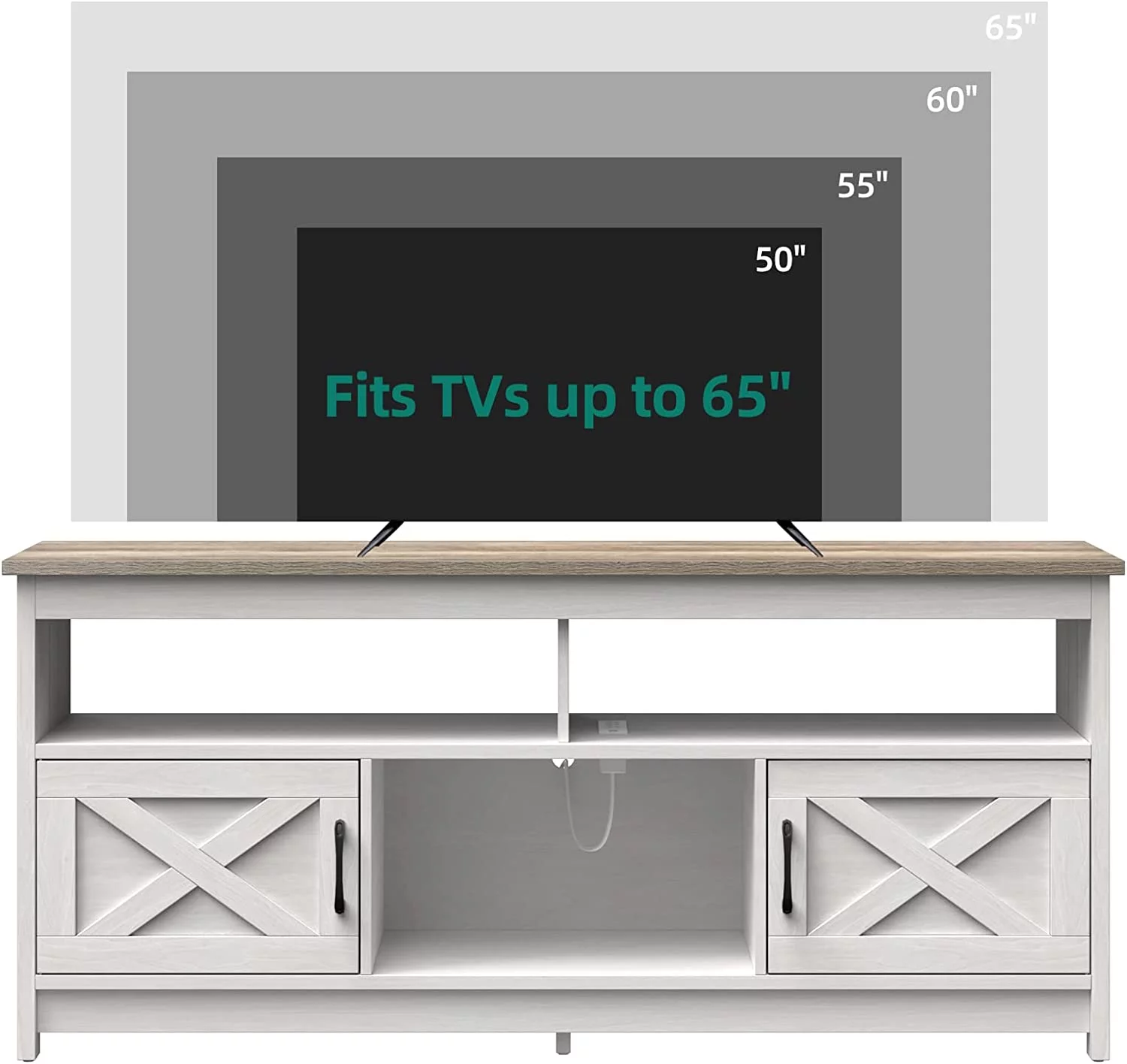 DEXTRUS Farmhouse TV Stand up to 65 inch with Power Outlet, Media Console with Storage Shelves for Living Room, Grey Wash