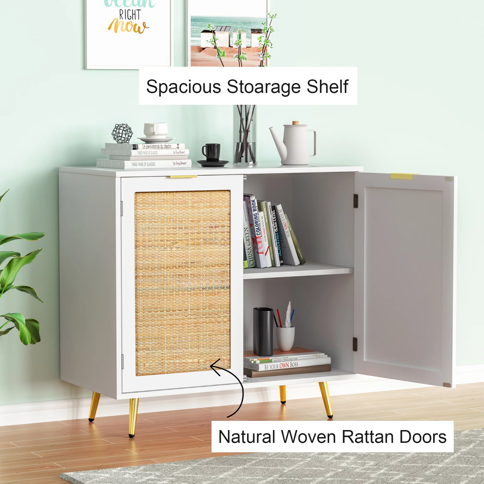 Eumyviv 31.5'' Width Modern Accent Cabinet, White Sideboards and Buffets with 2 Rattan Doors Storage Cane Cupboard for Kitchen Furniture, Living Room,H0059