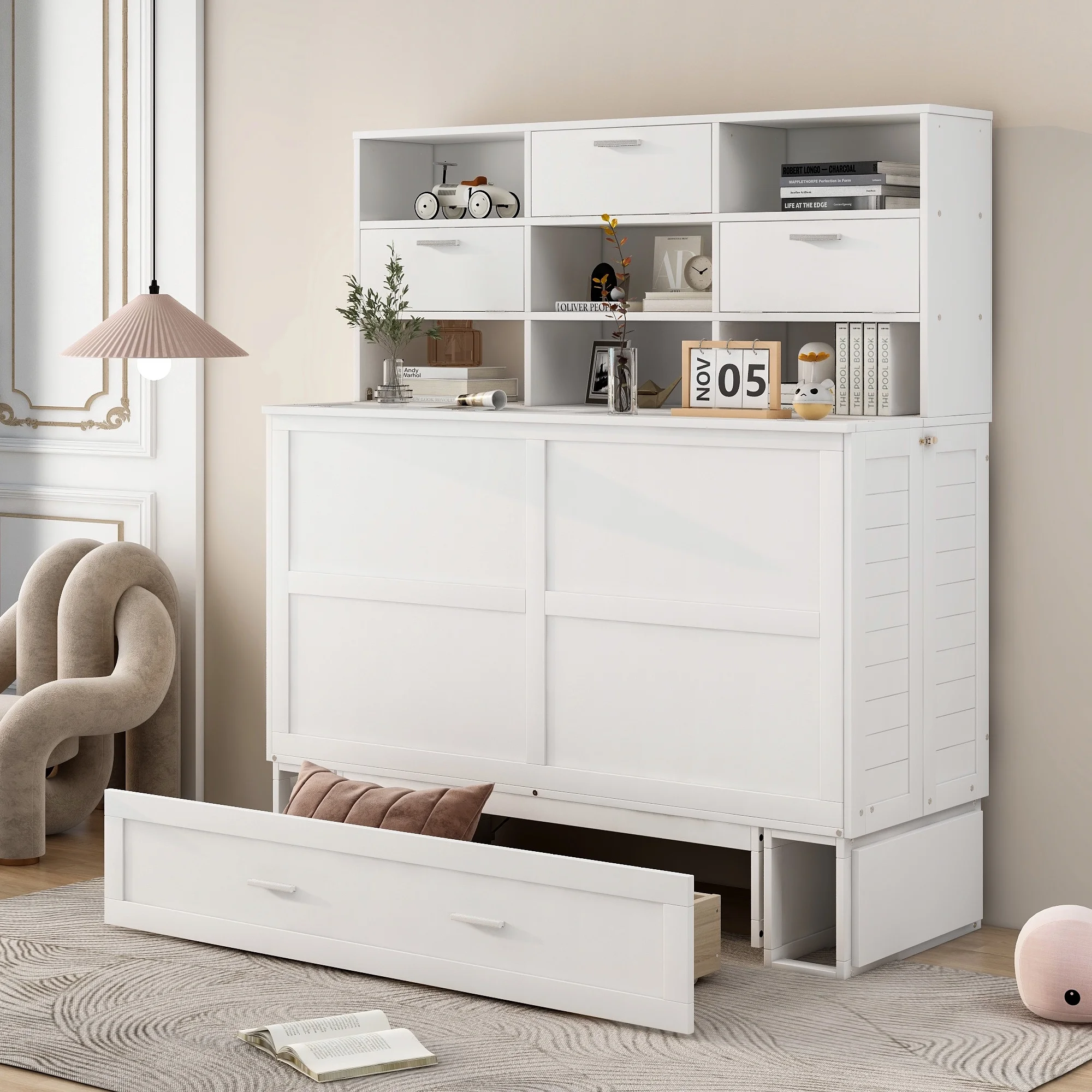 Euroco Queen Size Murphy Bed with Bookcase, Shelf and Drawer, Convertible into a Cabinet with Bookcase for Living Room, Space-Saving & Easy Open and Close, White