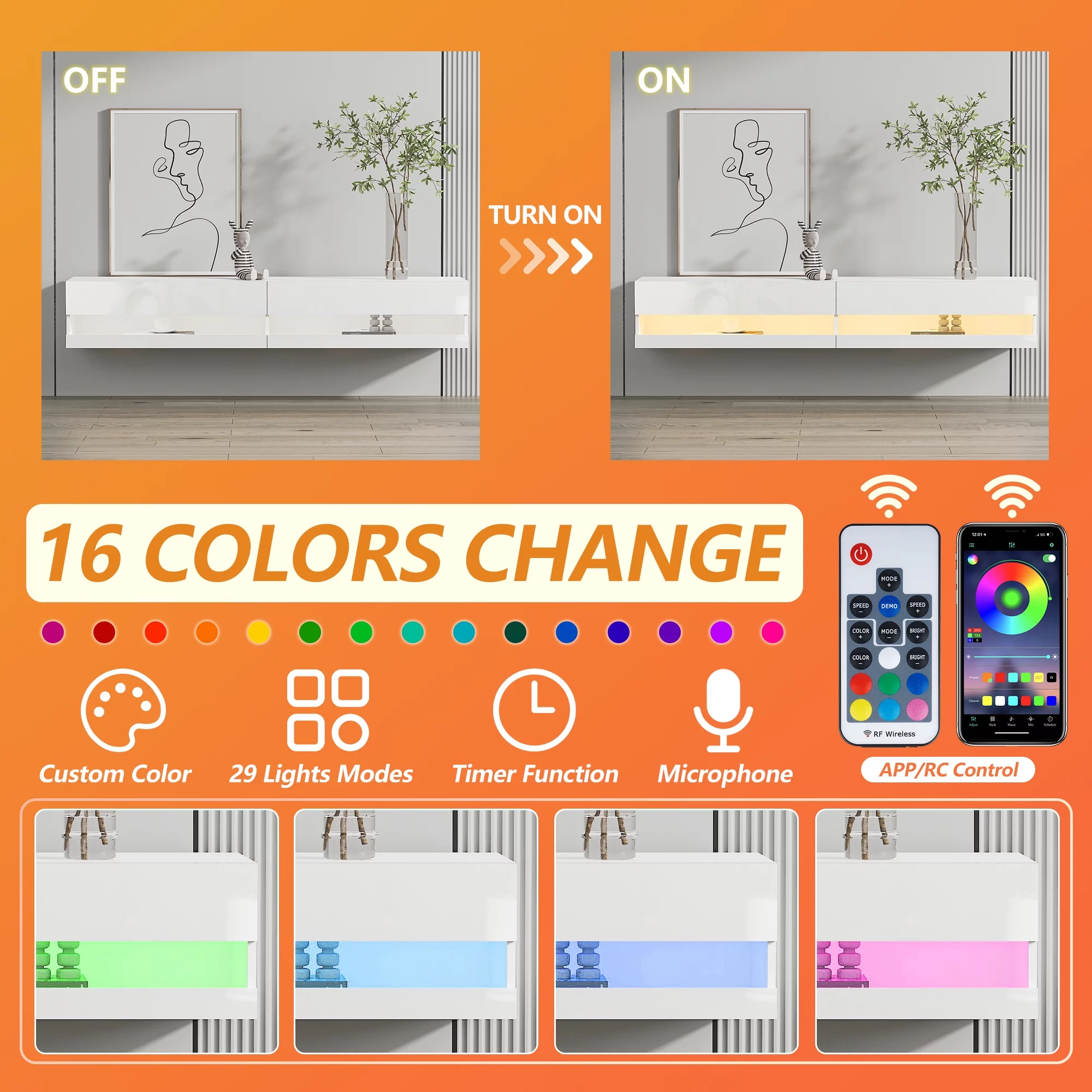 Floating TV Stand for 80 inch TVs, Paproos 71in Long LED Floating TV Cabinet, High Gloss Floating Entertainment Center with APP/Remote Control, Media Console Cabinet Living Room, White