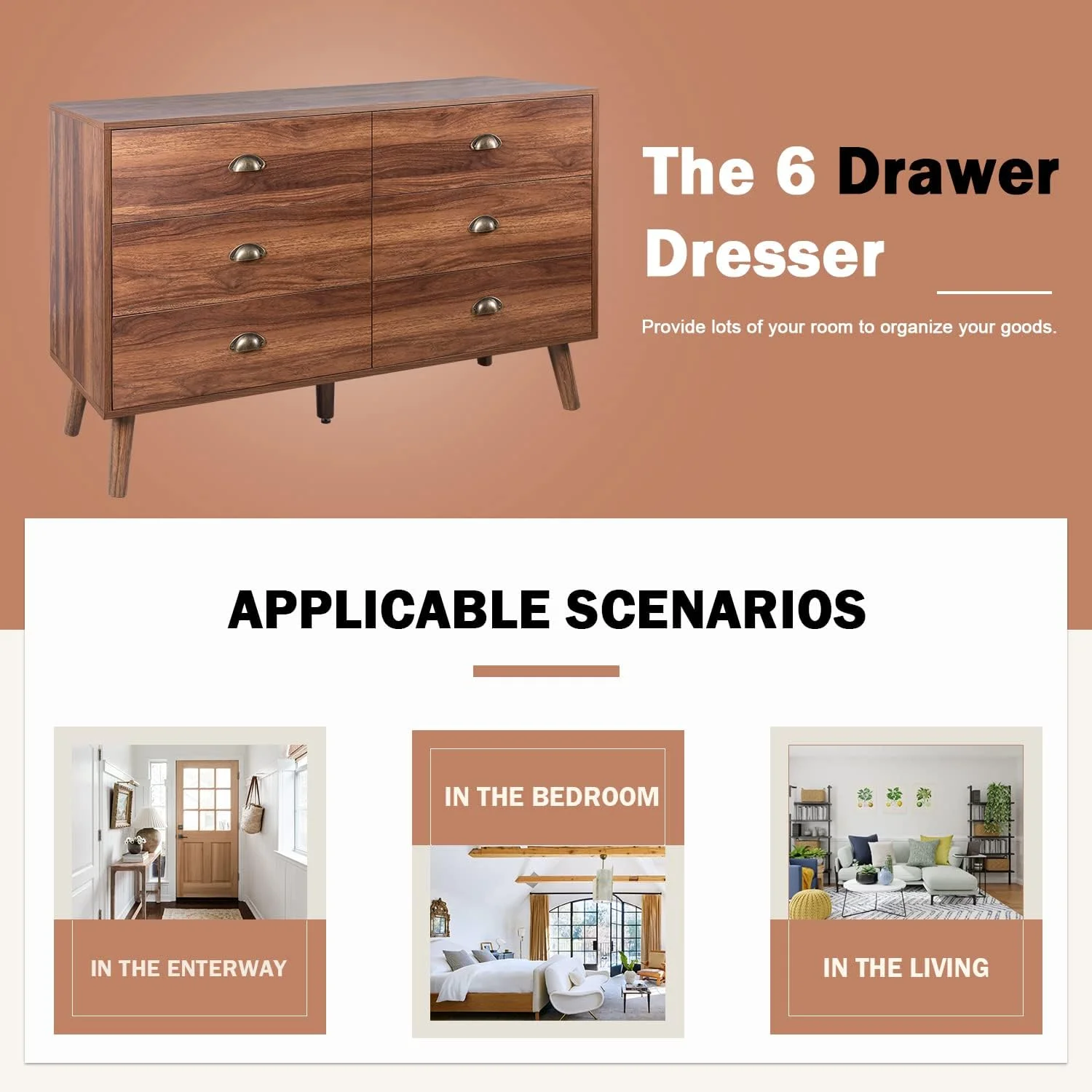 Popular Mid-Century Dresser  6 Drawer Dresser for Bedroom  Modern Walnut Dresser with Metal Handle  Wood Dresser Chest of Drawers for Living Room  Hallway