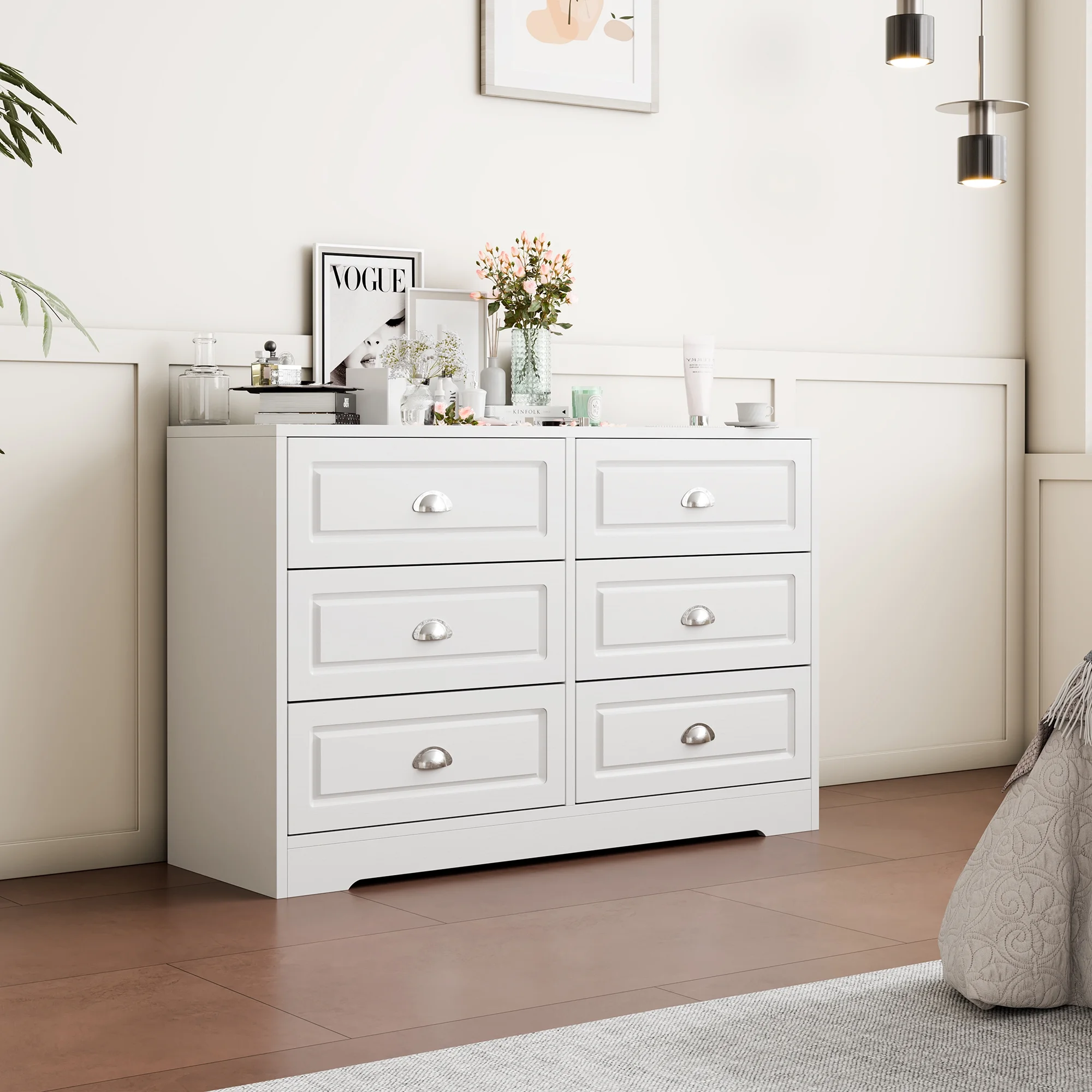 Walsunny 6 Drawer Double Dresser White Wooden Wide Chest of Drawers with Metal Handles Storage Organizer Dresser Nursery Dresser for Living Room Hallway