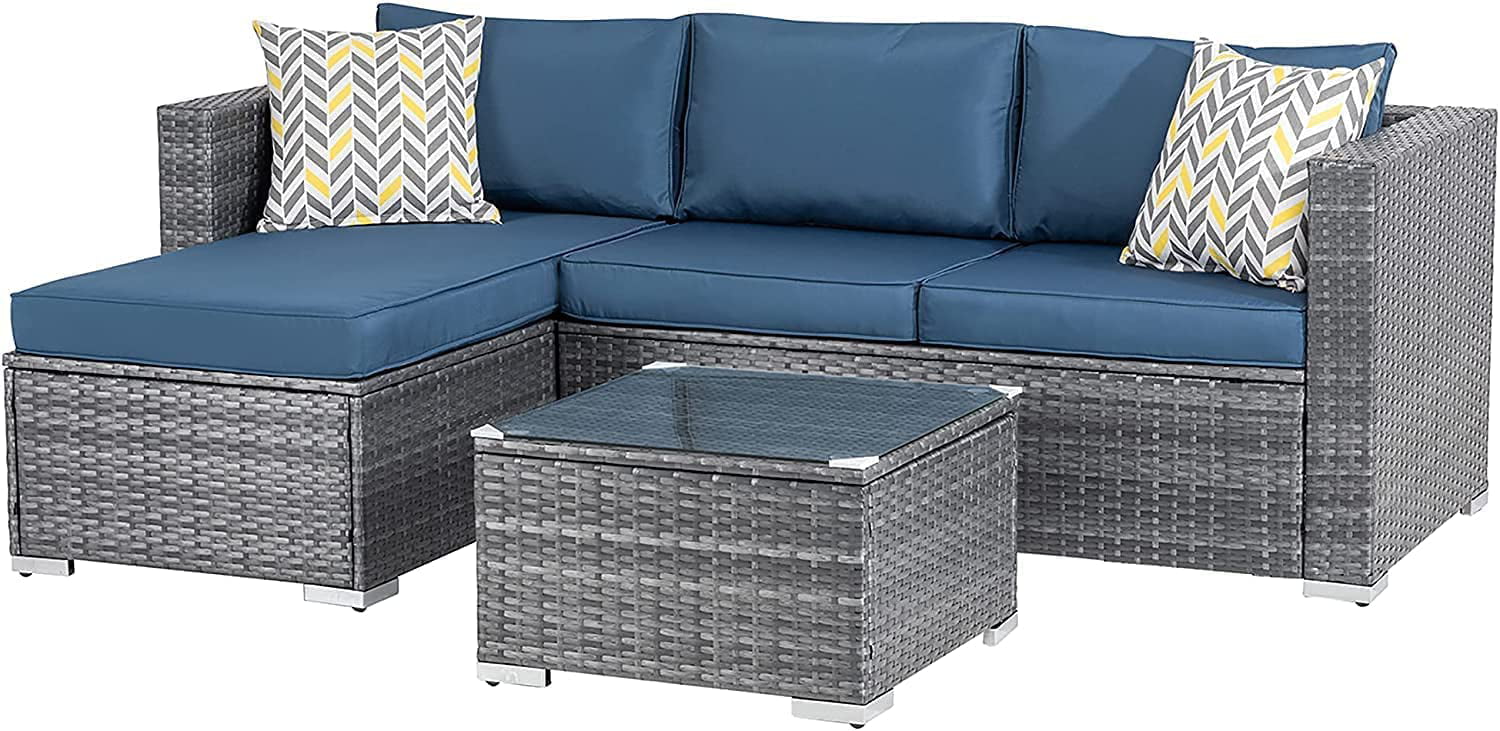 Walsunny 3 Piece Aegean Blue Outdoor Furniture Sectional Sofa Patio Set Silver Gray Rattan Wicker