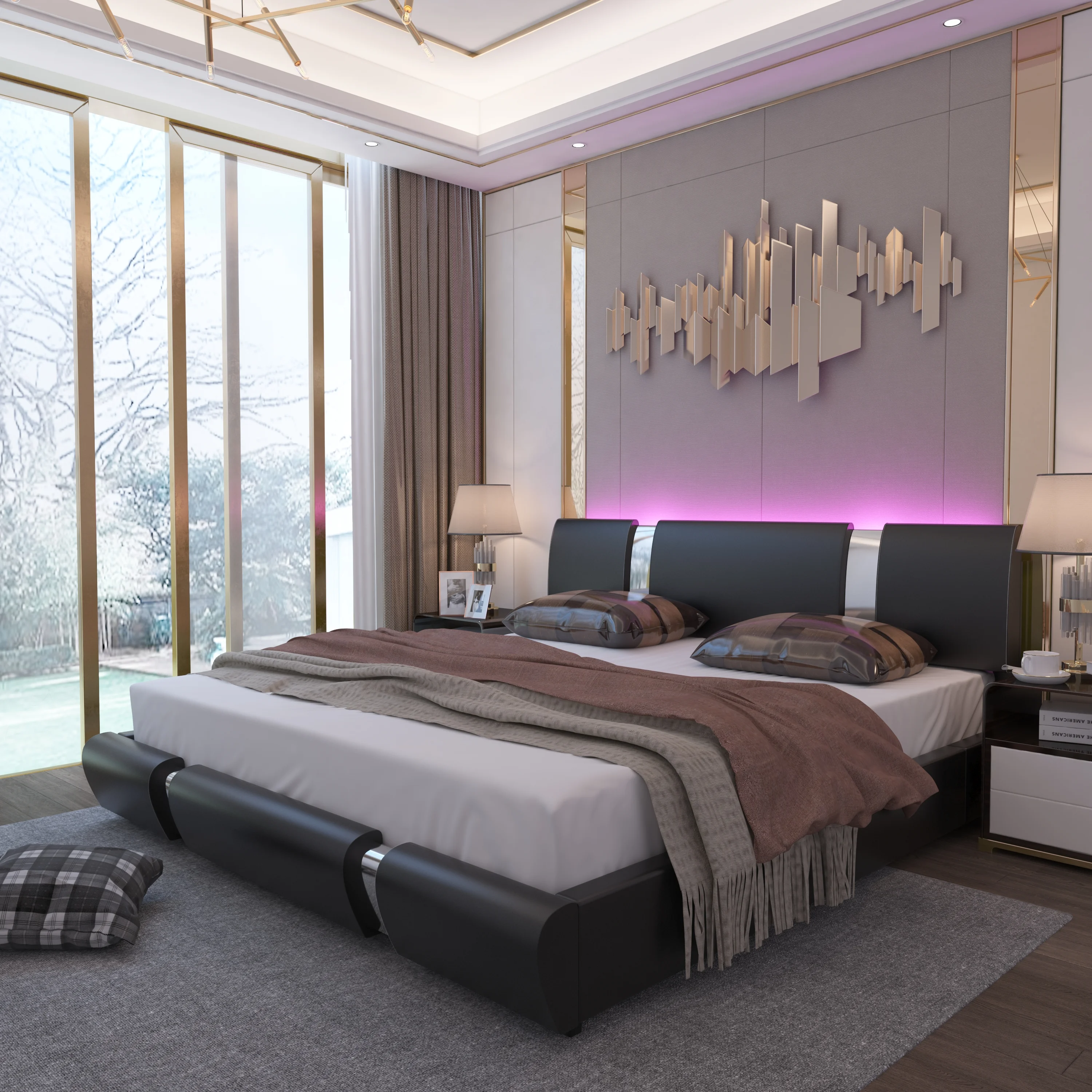 Kallabe Full Size Modern Bed Frame with Led Light,Iron Pieces Decor and Faux Leather Headboard, Black