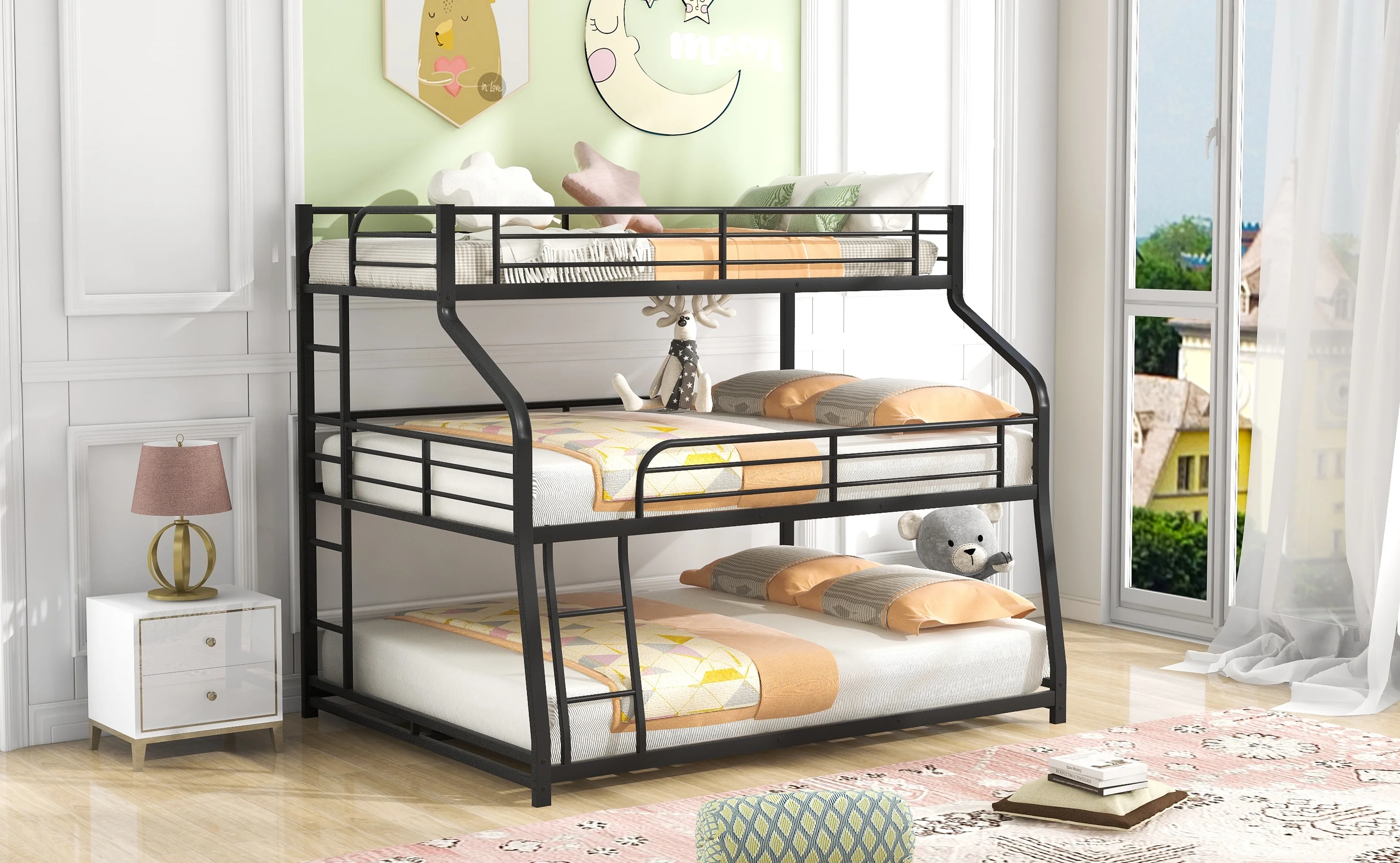 Euroco Metal Triple Bunk Bed, Twin-XL over Full-XL over Queen Size for Kids and Adults, Black