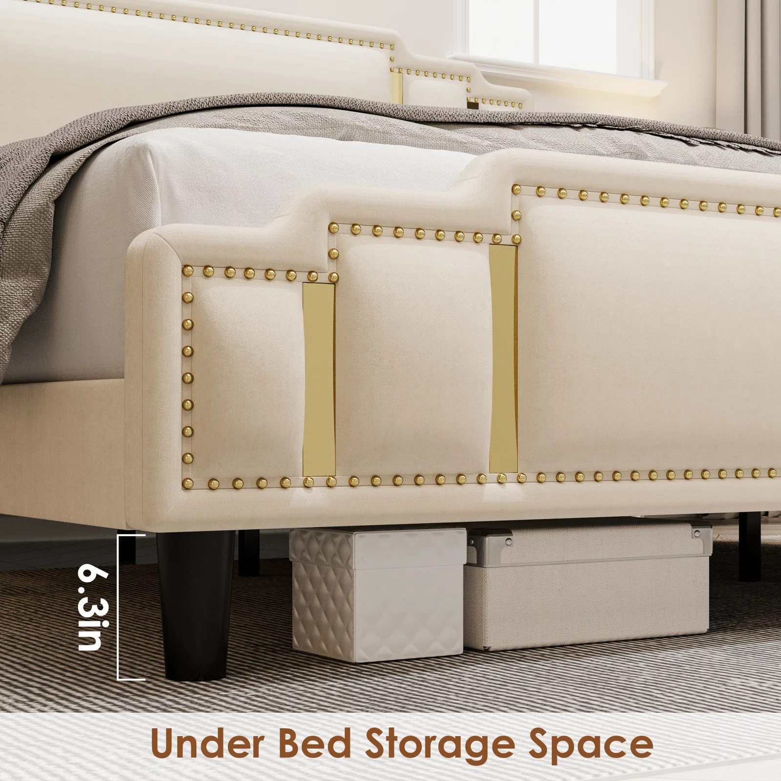 Homfa Full Bed Frame, Luxury Velvet Upholstered Headboard with Golden Iron Sheet & Rivets, Platform Bed with Adjustable Headboard, White