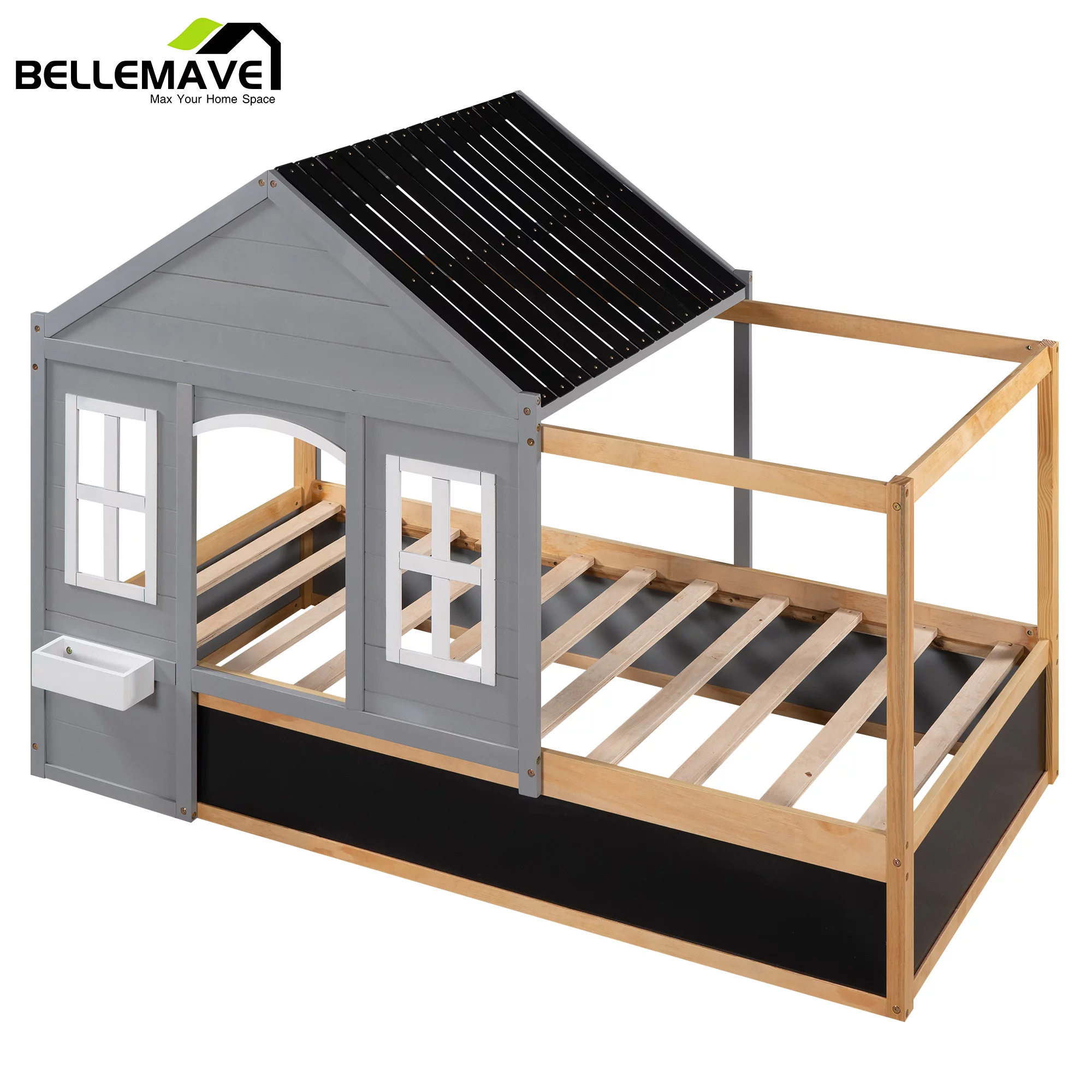 Bellameve Gray Twin Size Kids Canopy Platform Bed with Roof, Window, Blackboard and Little Shelf, Wood House Shaped Kids Platform Bed Daybed for Bedroom Living Room