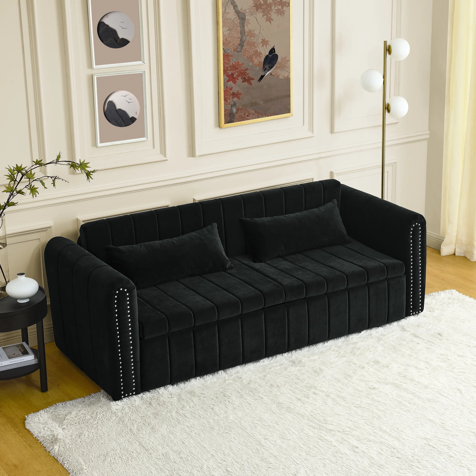3-in-1 Convertible Sleeper Sofa Bed,Pull-Out Bed Sleeper with Rolled Arms Decorated with Copper Nails,Modern Upholstered 3 Seats Sofabed with Two Drawers and Two Pillows,Black