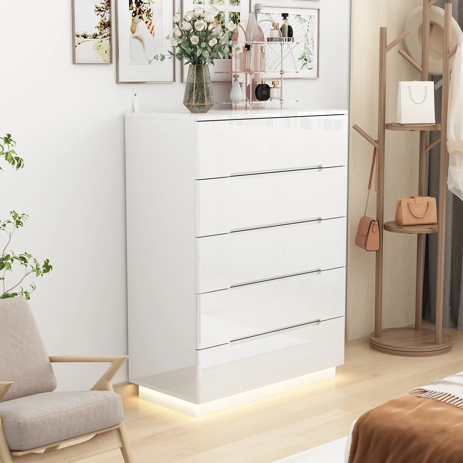 5 Drawer Chest Dresser w/High Gloss Drawers Chest With Light Storage White