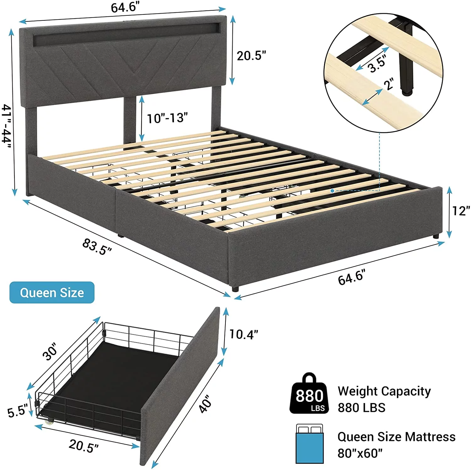 Afuhokles Queen Bed Frame with LED Lights Headboard, 4 Drawers,2 USB Charging Station, Upholstered Platform Bed, Dark Gray