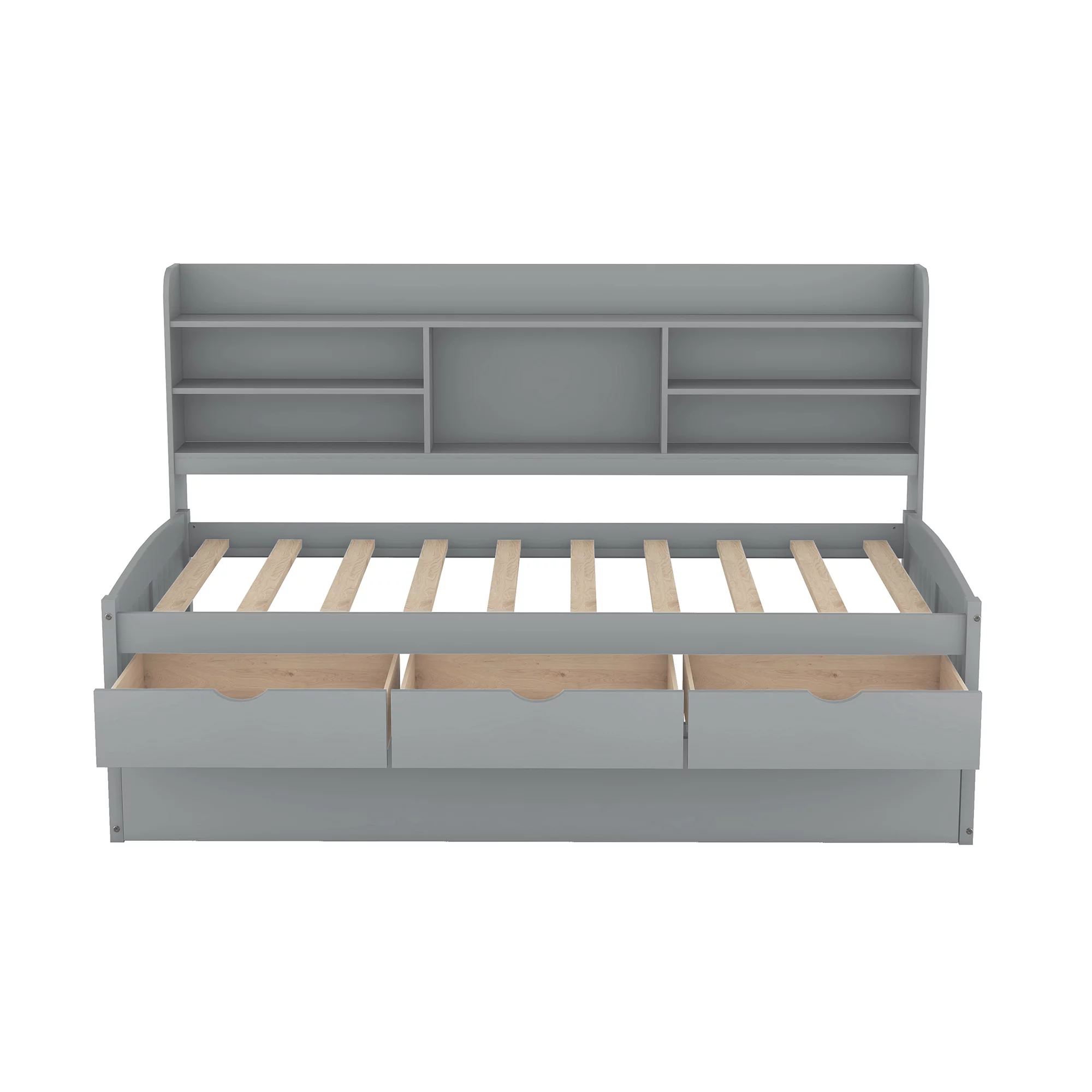 Twin Size Wooden Captain Bed with Built-in Bookshelves,Three Storage Drawers and Trundle,Light Grey
