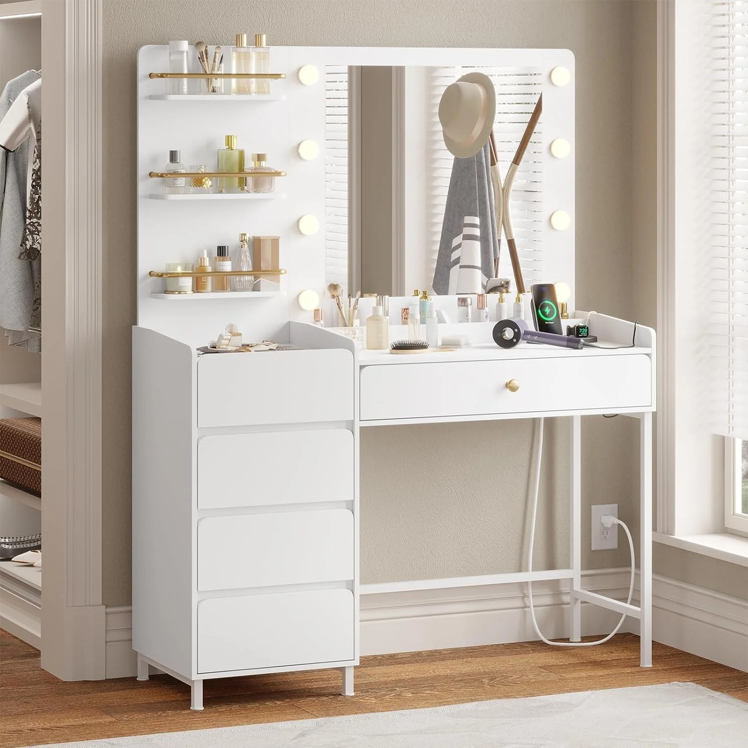 Afuhokles Vanity Desk with Lighted Mirror and Charging Station, Makeup Vanity Table with 5 Drawers, Visual Drawer, White