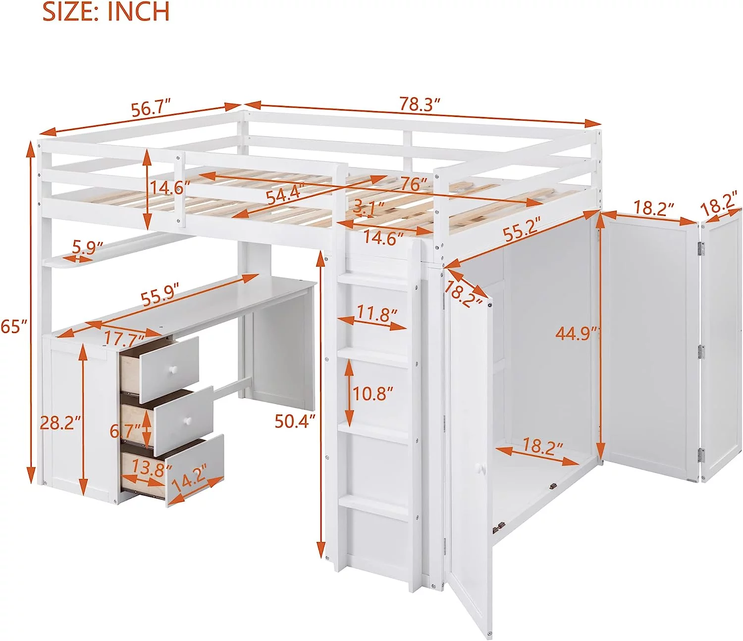 Momspeace Full Size Loft Bed with Wardrobe, Wood Loft Bed Frame with Desk 3 Storage Drawers Shelf Space Saving Platform Bed - White