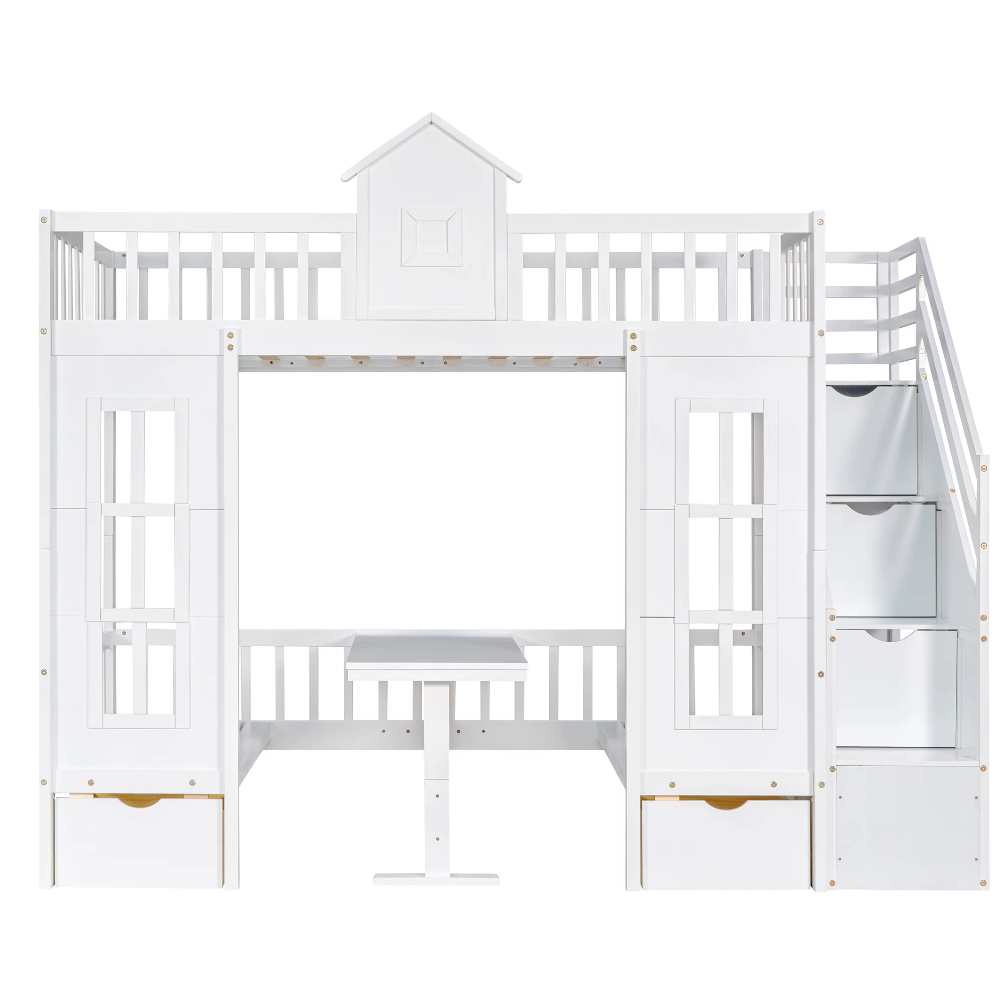 Twin Over Twin Bunk Beds with Stairs, Wood Loft Bed with Desk and Seat Can be Turned Into Bunk Bed, Convertible Dorm Bunk Bed with 2 Storage Drawers for Kids Teens(White+White)