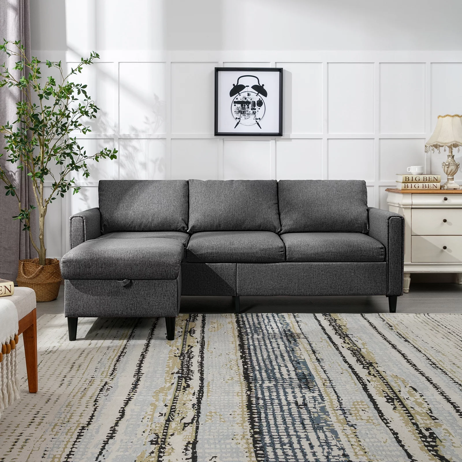 ZAFLY Sectional Sofa Couch, 3 Seat Sofa with Flexible Storage Ottoman, Modern L-Shape Linen Couches for Living Room/Office  - Dark Grey