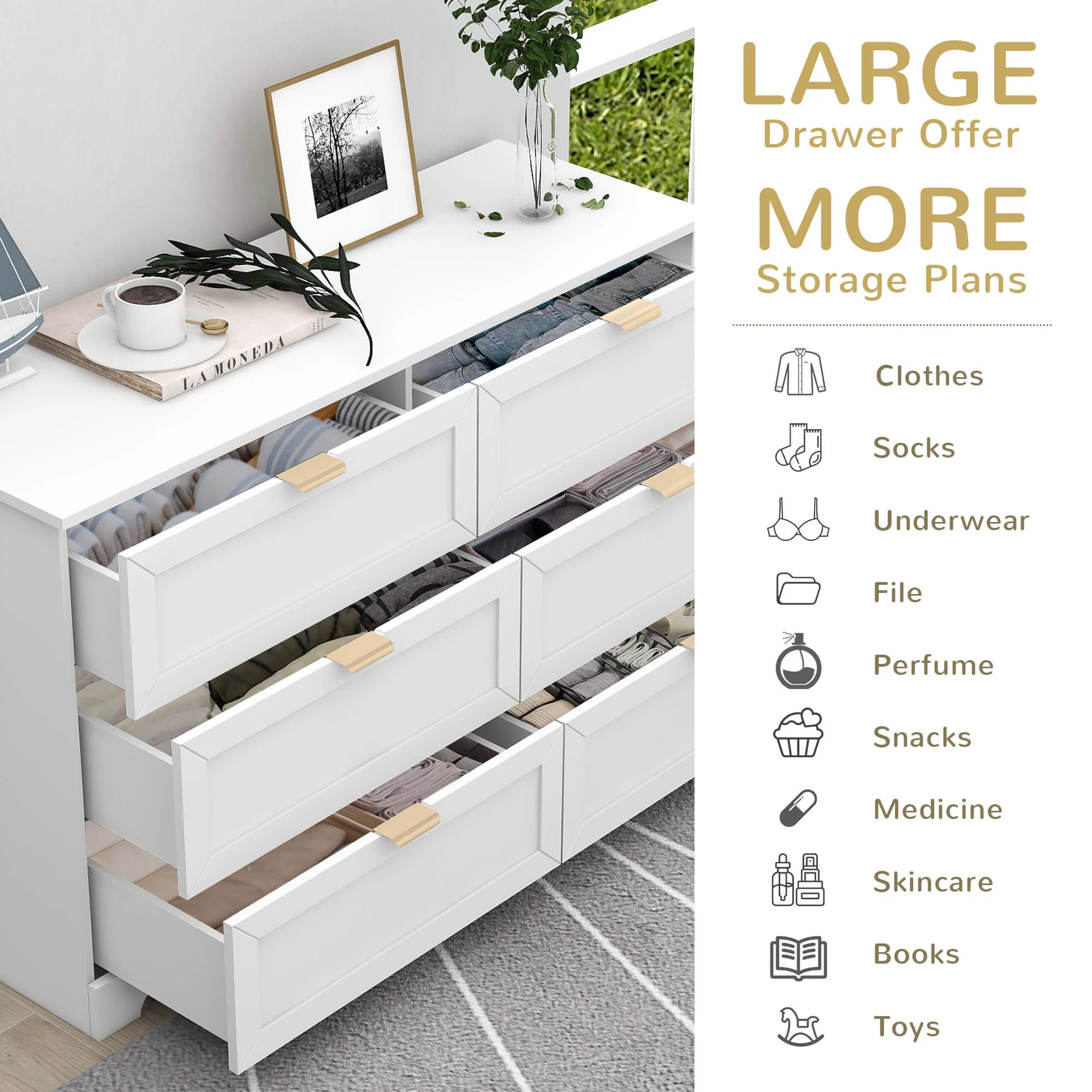 6 Drawer Dresser for Bedroom, Modern Long Dresser Chest With Large Drawer, Wooden Chest of Dresser Storage Cabinet Organizer Unit