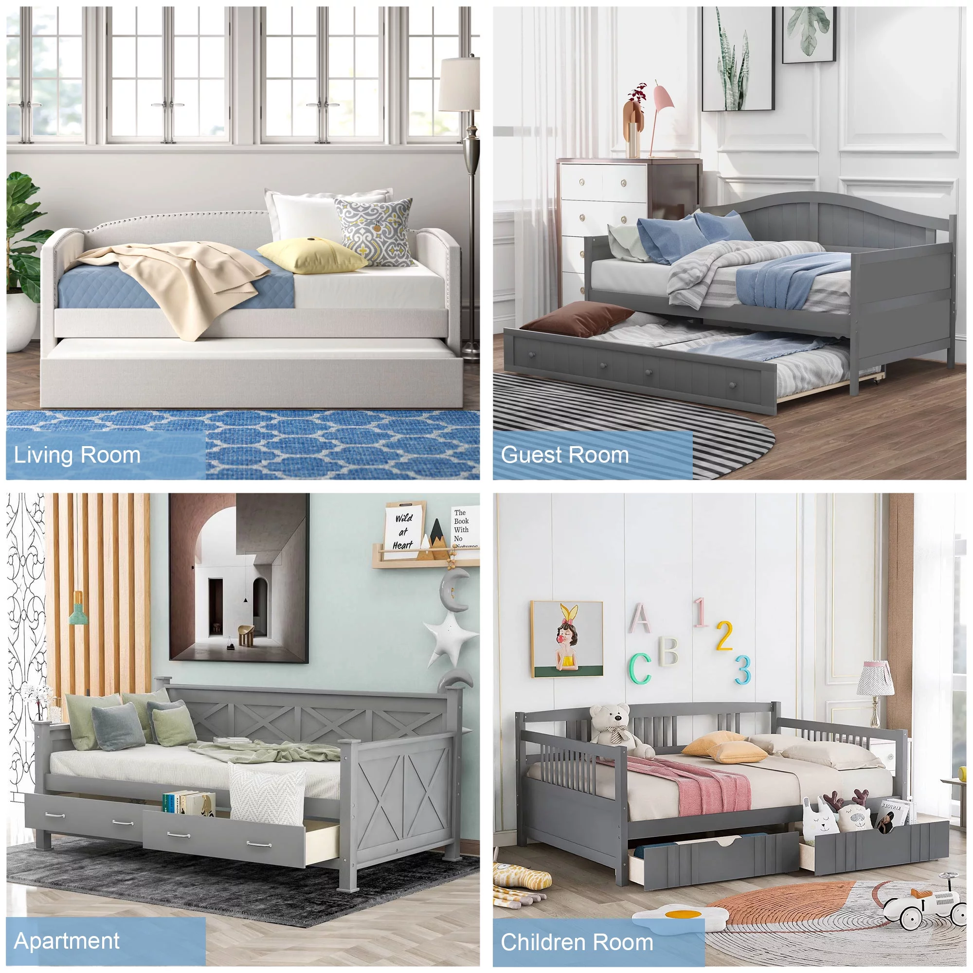 Superjoe Twin Trundle Bed with 3 Drawers Captain Bed Daybed, Wood Frame with Storage, Great for Kids Teens Guests, Brown