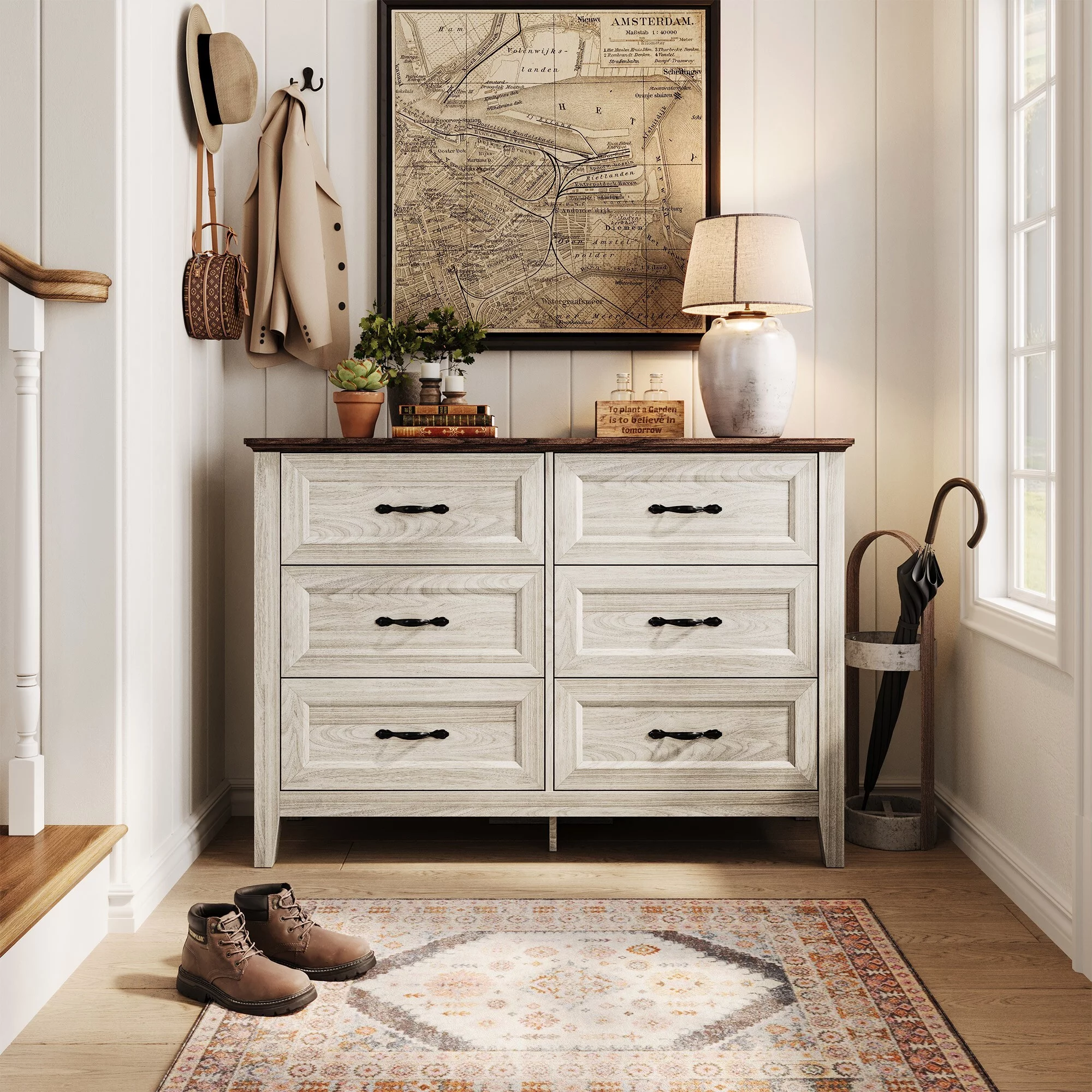 LINSY HOME Dresser for Bedroom, Long Dresser with 6 Drawers and Antique Handles, Chest of Drawers for Living Room, Entryway and Hallway, Rustic Oak