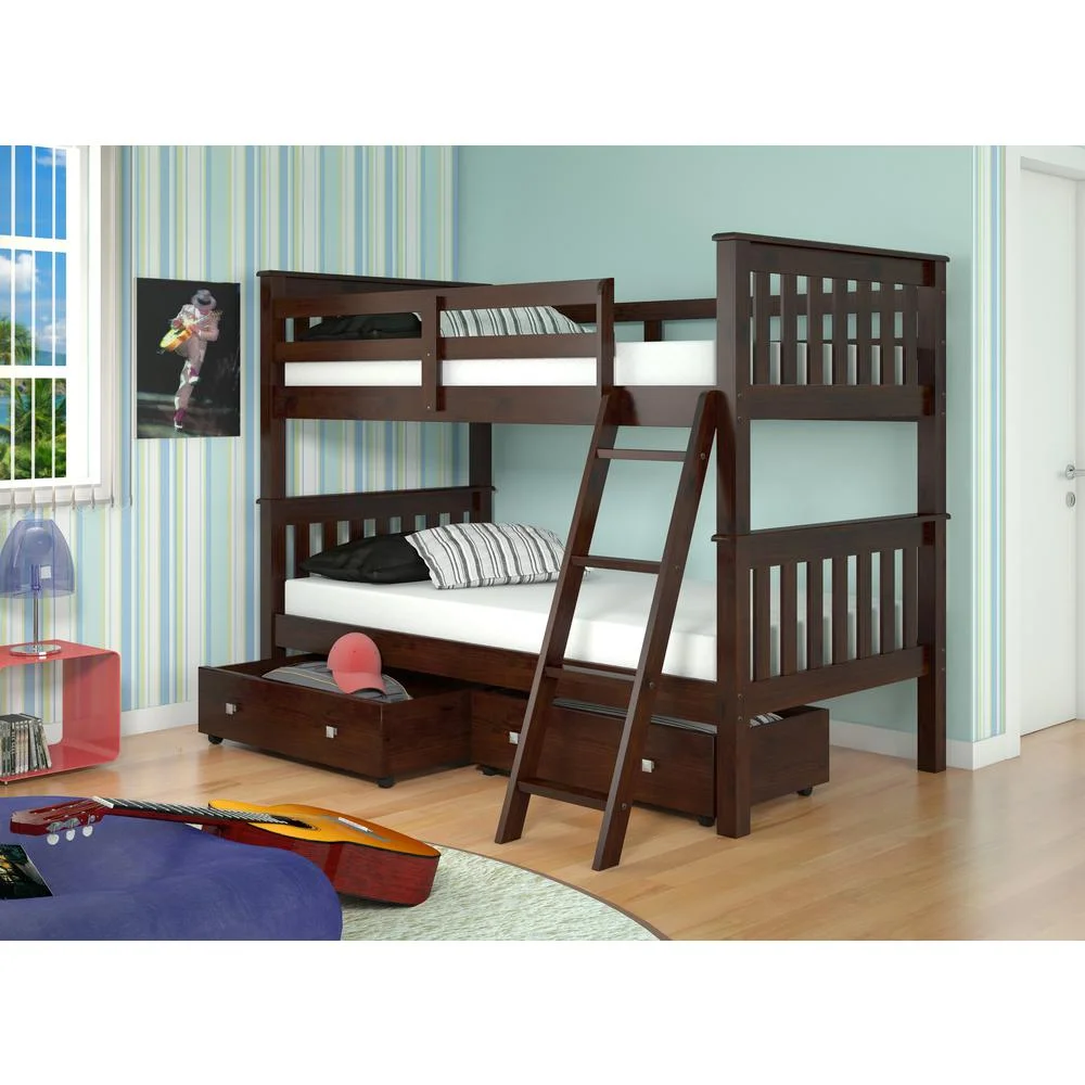 Donco Trading Mission Bunkbed Cappuccino With Slat Kit And Dual Under Bed Drawers Dark Cappuccino
