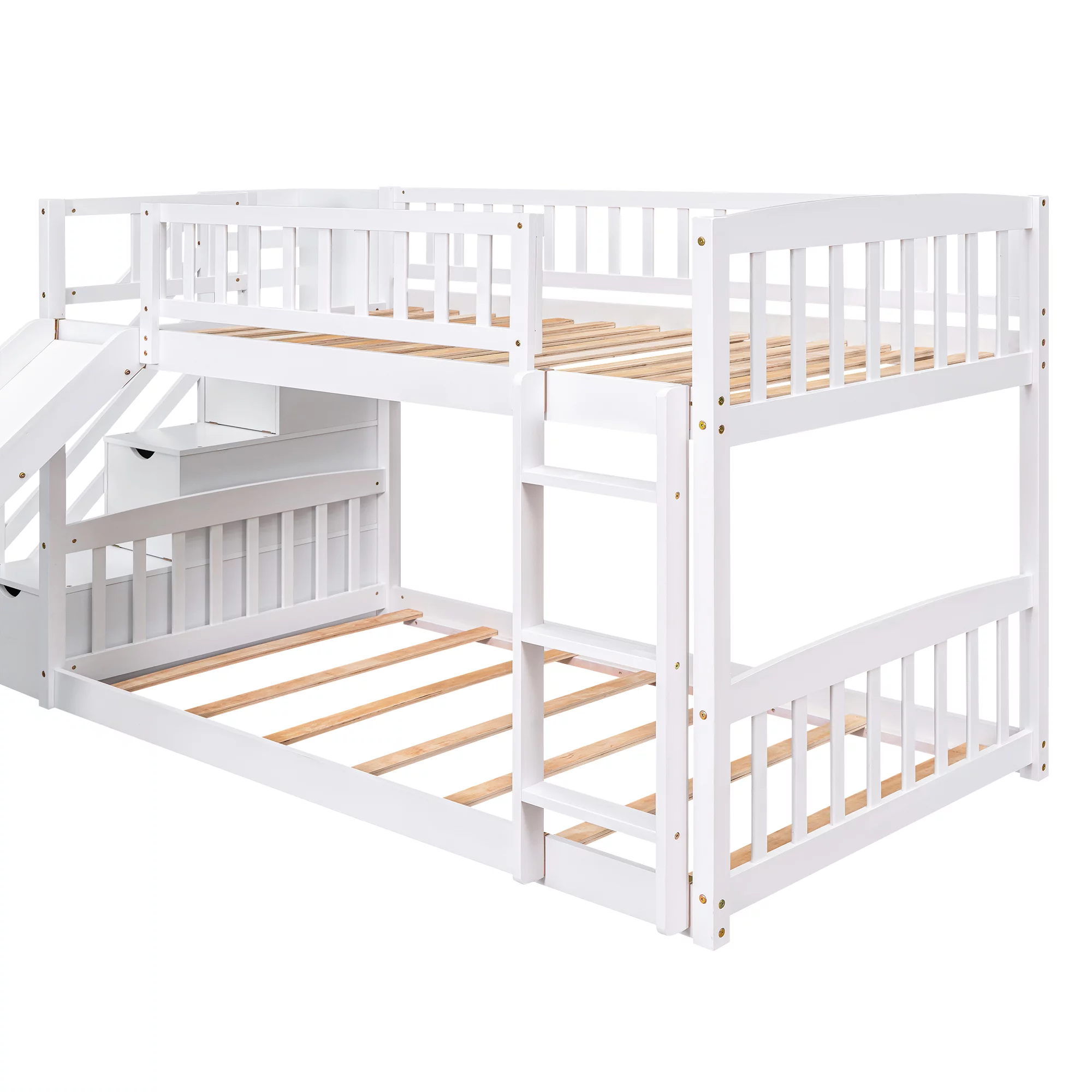 Bellemave Kids Twin Bunk Bed Frame with Slide, Twin over Twin Low Bunk Bed with Stairs and Storage Drawers, Wood Bunk Bed With Slide For Toddlers, Kids, Teens (White)