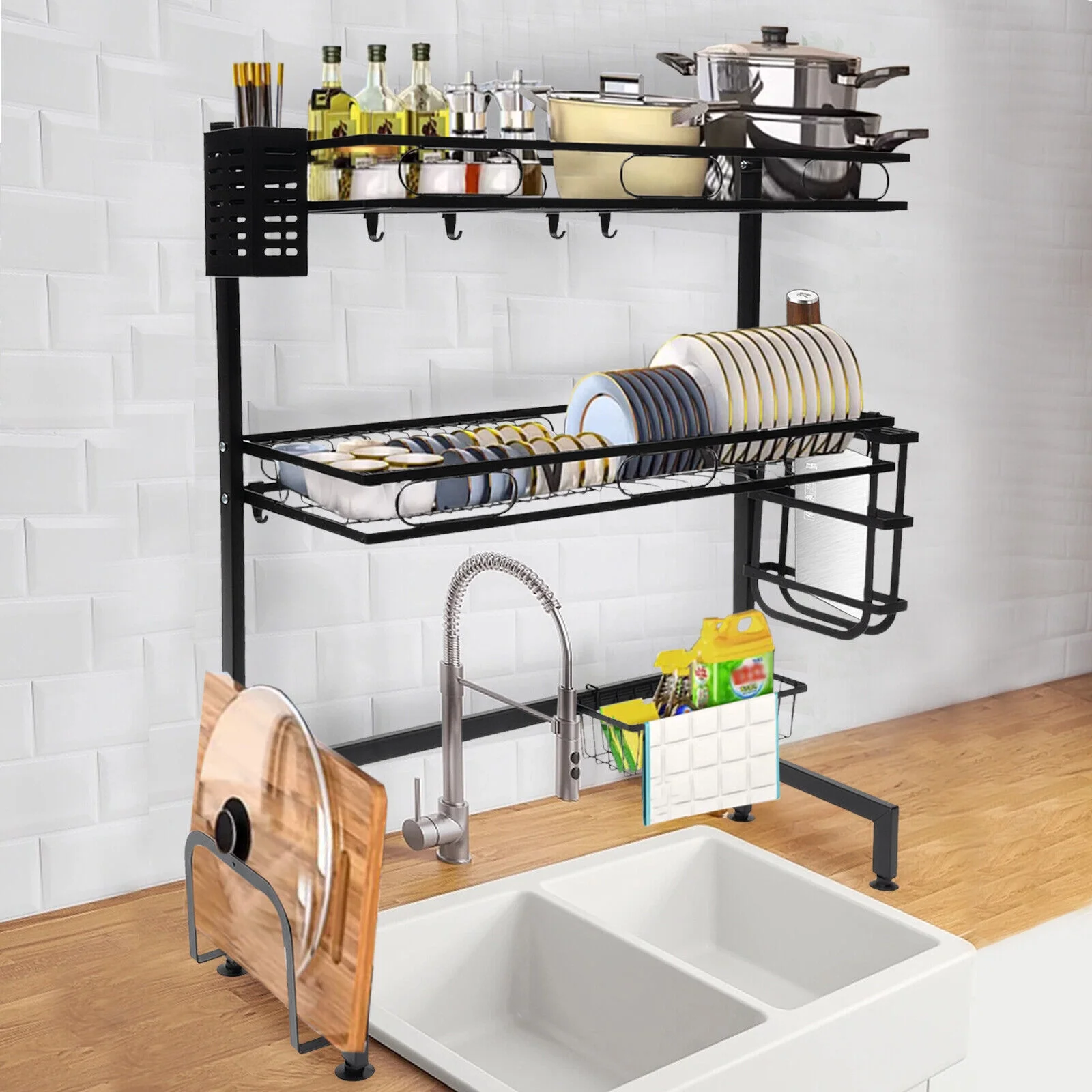 2-tiers Over-the-sink Adjustable Large 24.4'' Dish Drying Rack Large Drainage Multifunctional Kitchen Rack