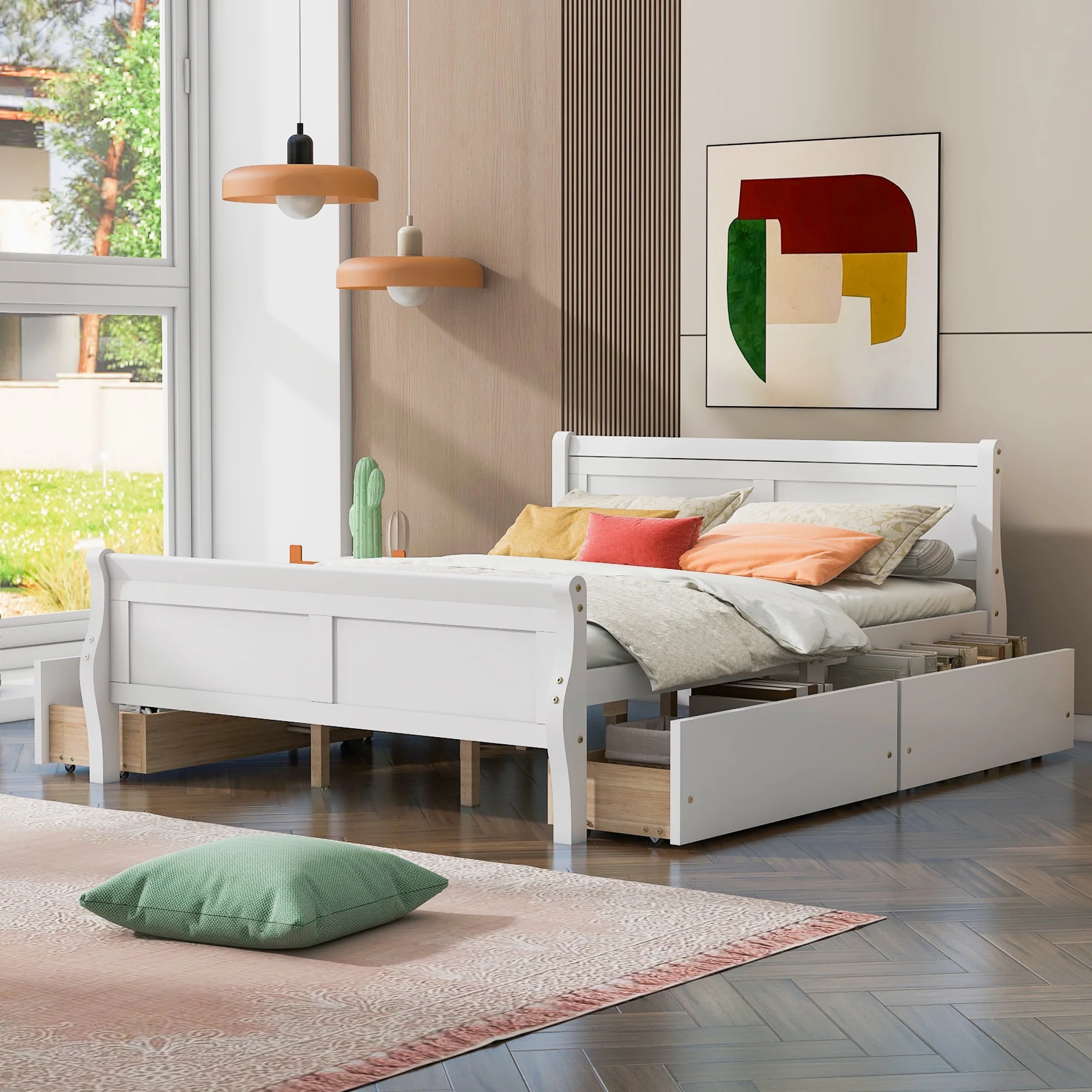 CoSoTower Queen Size Wood Platform Bed with 4 Drawers and Streamlined Headboard & Footboard, White