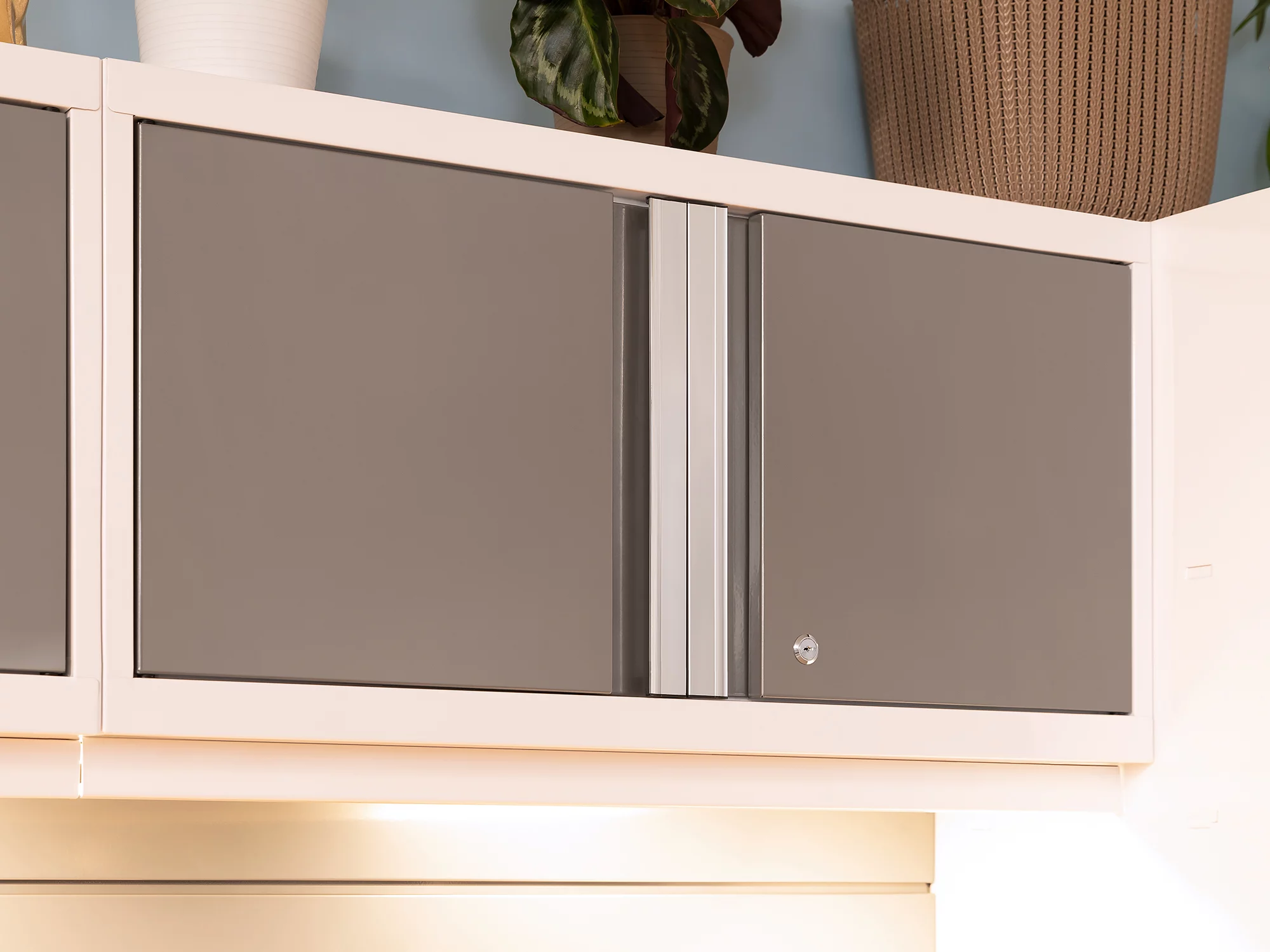 NewAge Products Bold Series Platinum 8 Piece Cabinet Set, Heavy Duty 24-Gauge Steel Garage Storage System, LED Lights Included