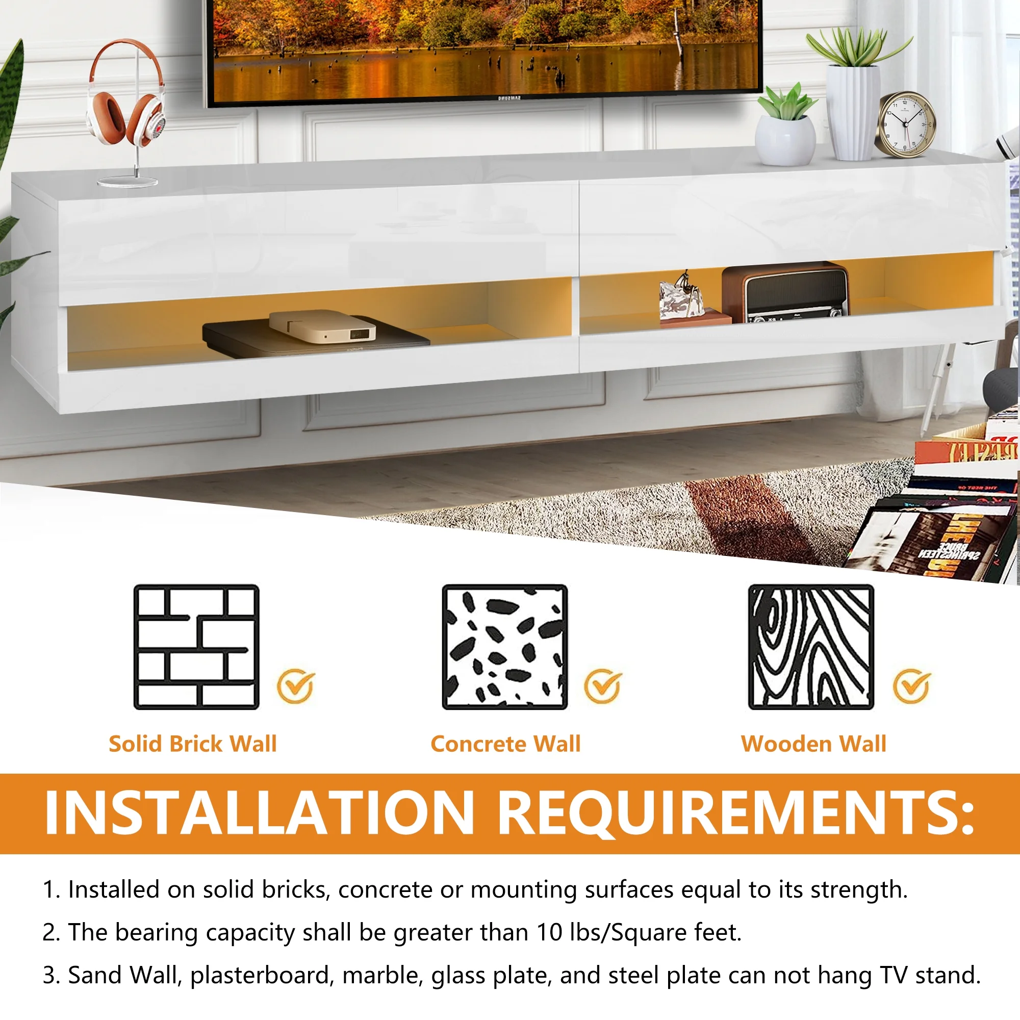 Floating TV Stand for 80 inch TVs, Paproos 71in Long LED Floating TV Cabinet, High Gloss Floating Entertainment Center with APP/Remote Control, Media Console Cabinet Living Room, White