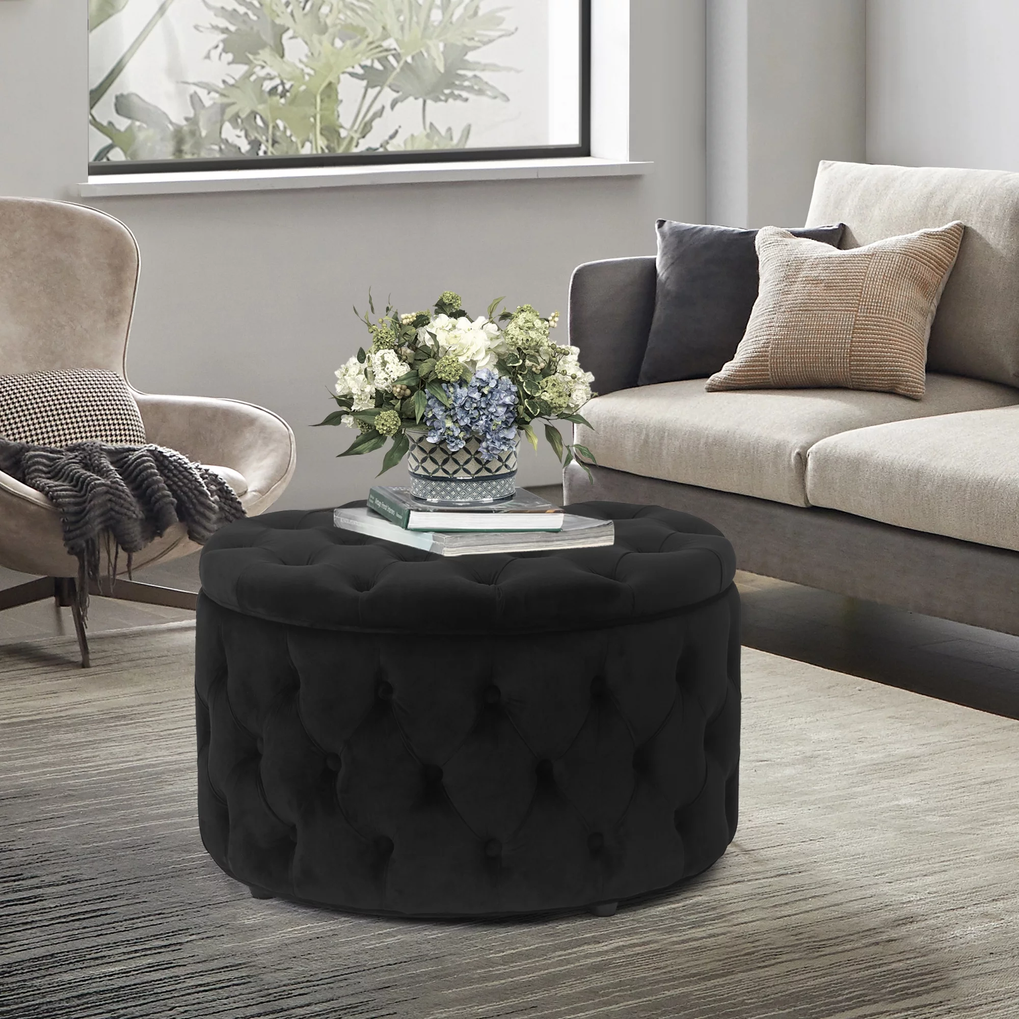 Homebeez Round Storage Ottoman Button Tufted Footrest Stool Coffee Table Children Sofa Stool,Black