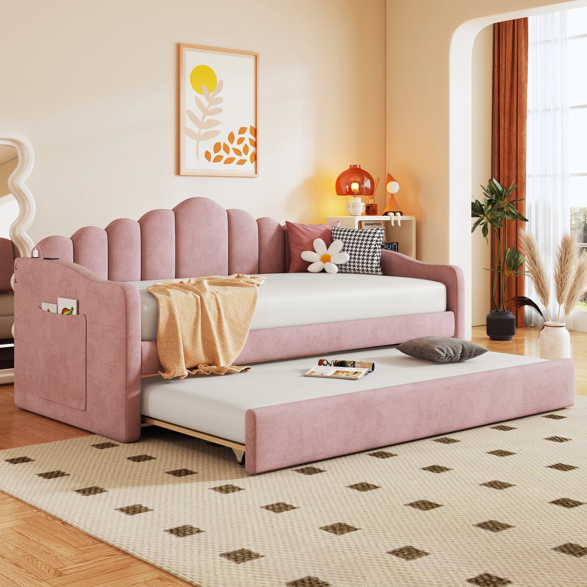 Churanty Twin size Upholstered Daybed with Trundle ,Velvet Sofabed with USB Charging Ports,No Box-spring Needed,Pink