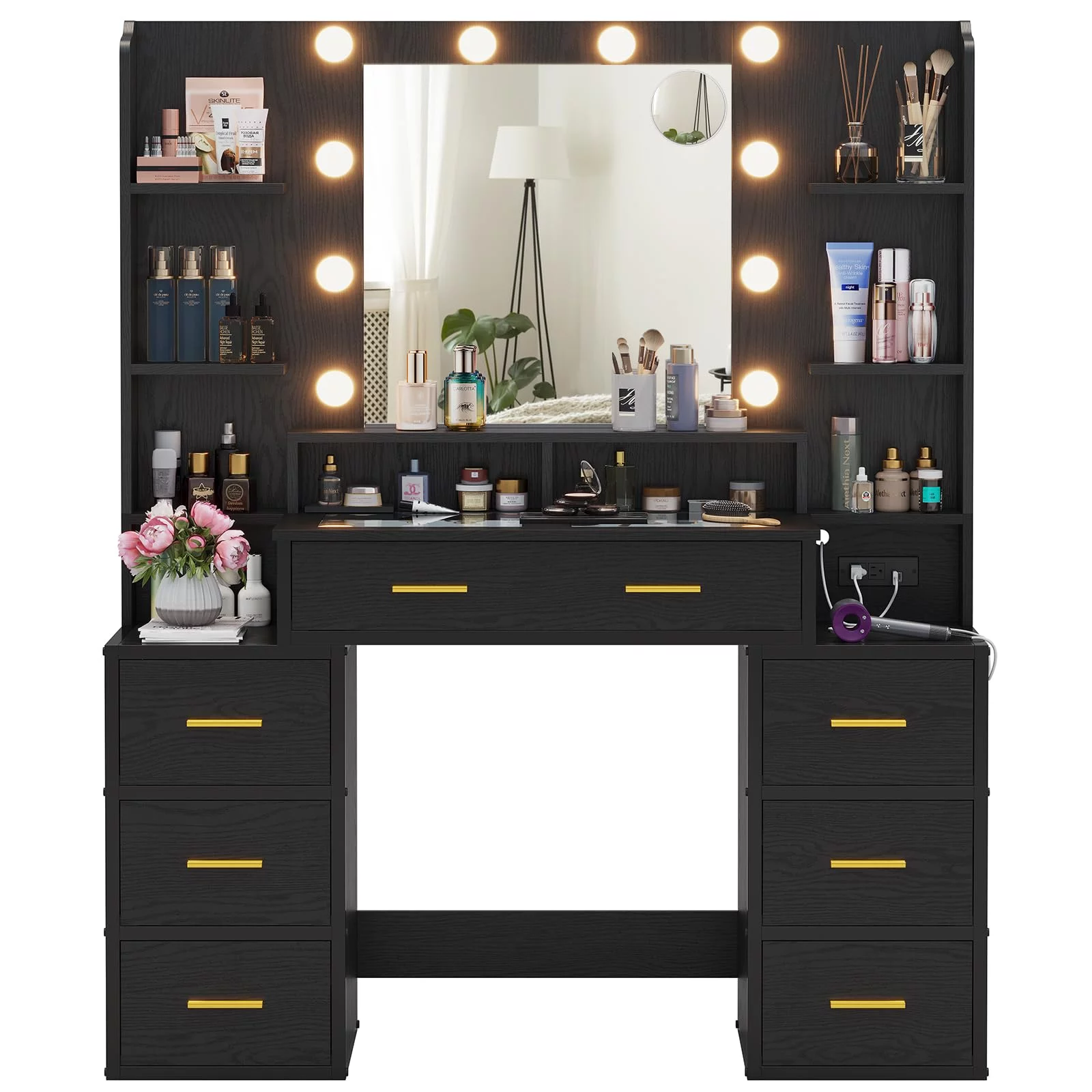 Afuhokles Glass Top Vanity Desk with Mirror and Lights, Makeup Vanity with Lights, Charging Station, 8 Drawers, Acrylic Dividers and Shelves, Black