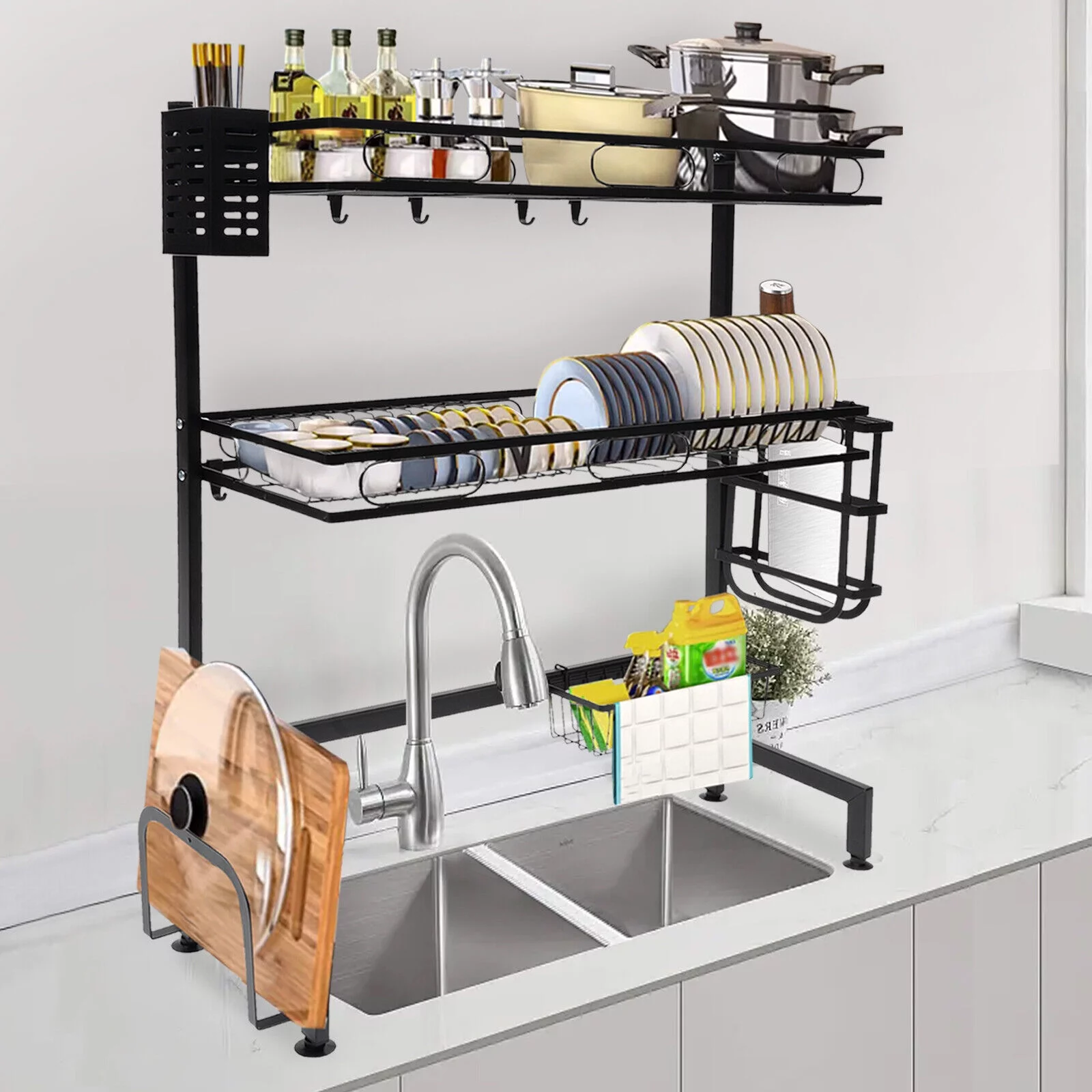 2-tiers Over-the-sink Adjustable Large 24.4'' Dish Drying Rack Large Drainage Multifunctional Kitchen Rack