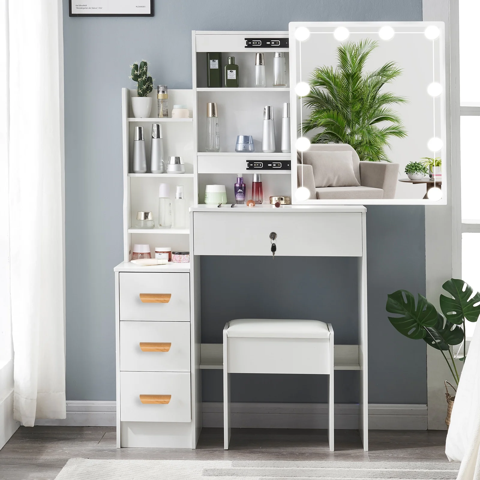 Yamissi Vanity Desk with Lighted Mirror, Makeup Dressing Table with Shelves & Drawers, Vanity Set with Mirror for Bedroom, White