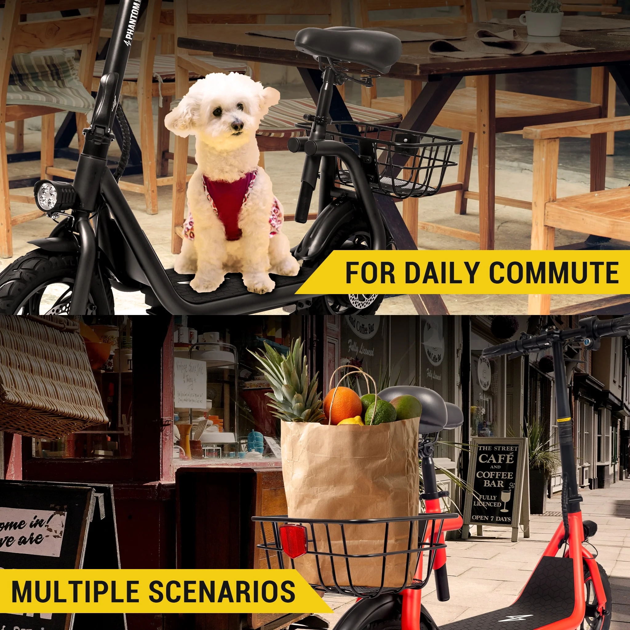 Phantomgogo Electric Scooter for Adults Foldable Scooter with Seat & Carry Basket E-Scooter with Brushless Motor 15MPH 265lbs Max Load E Mopeds for Adults Commuter