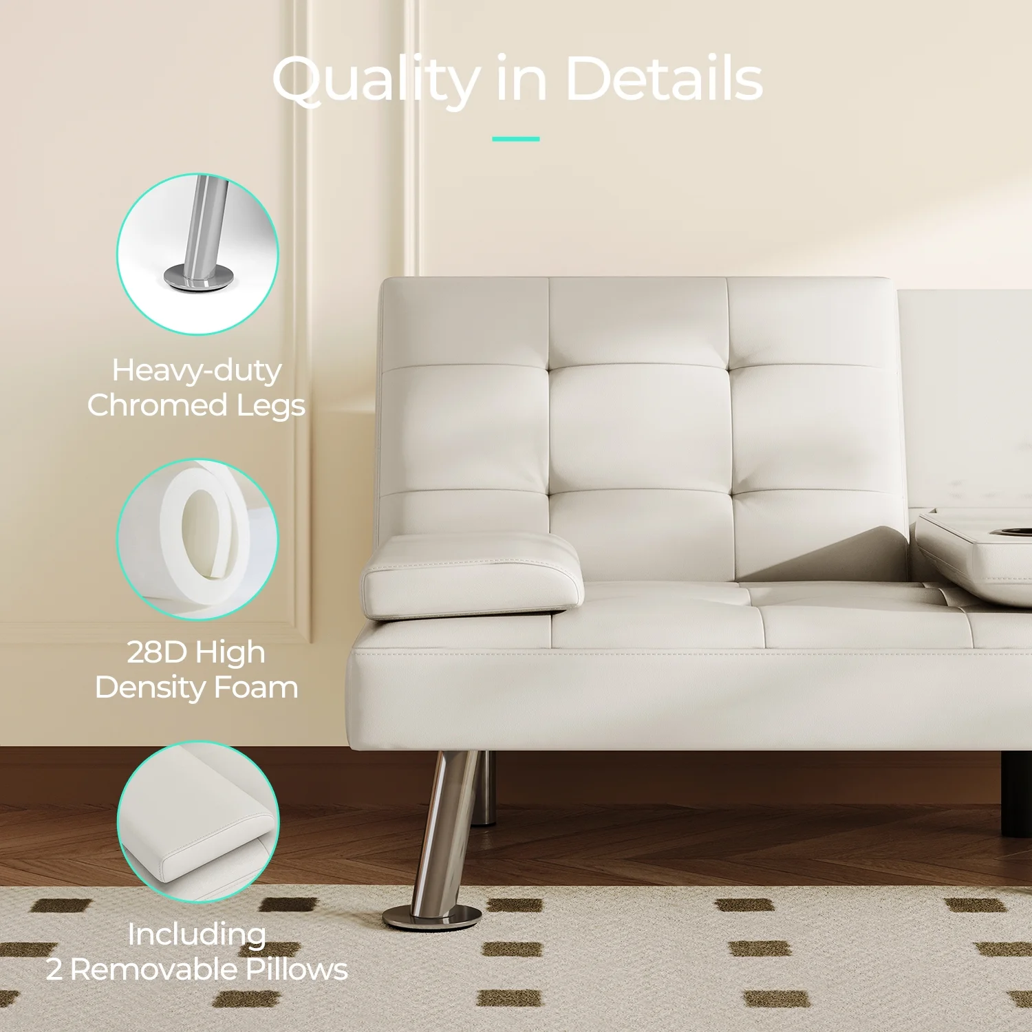 LINSY HOME Faux Leather Upholstered Convertible Futon Sofa Bed for Compact Living Space, Apartment, Dorm, White