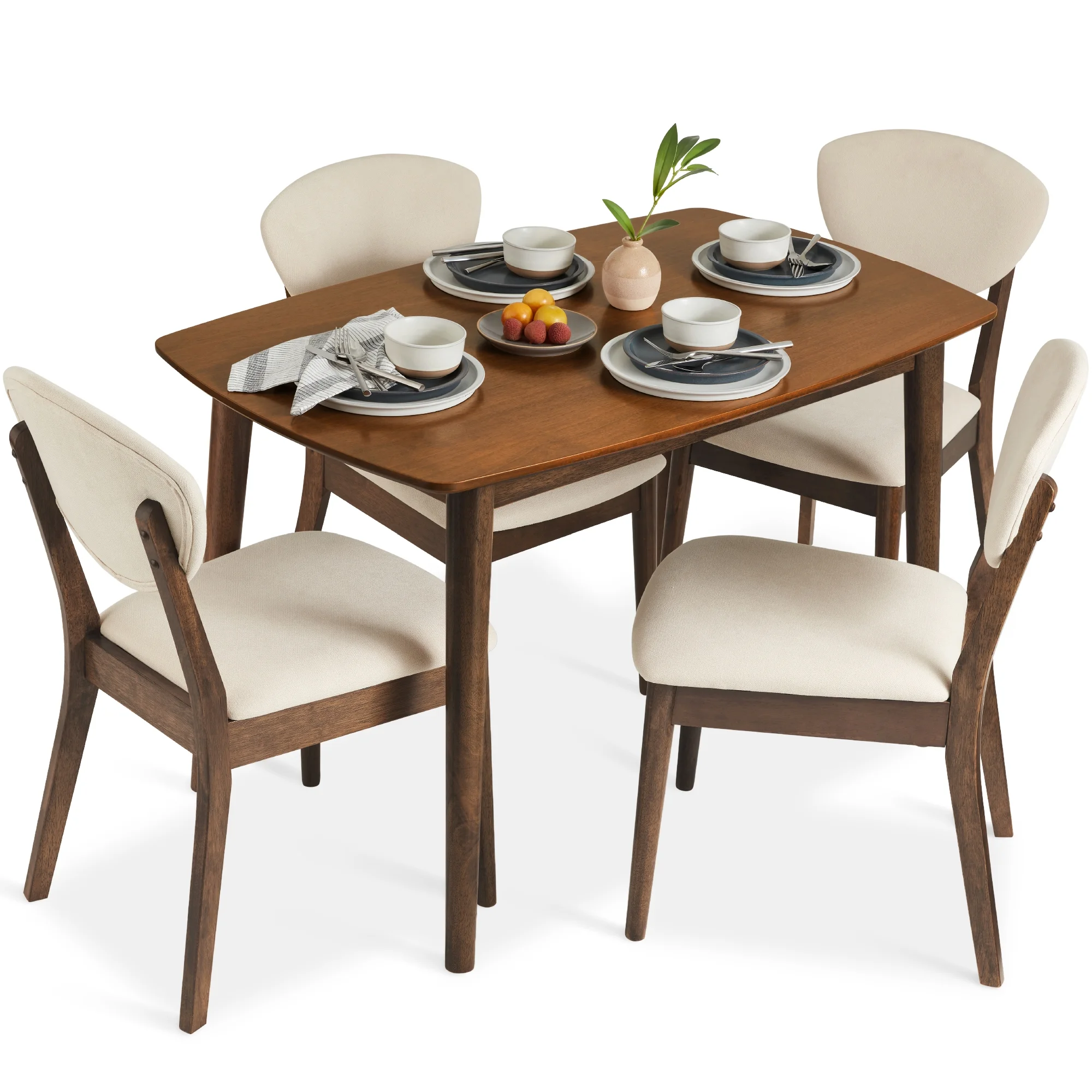 Best Choice Products 5-Piece Compact Wooden Mid-Century Modern Dining Set w/ 4 Chairs, Padded Seat & Back - Cream/Walnut