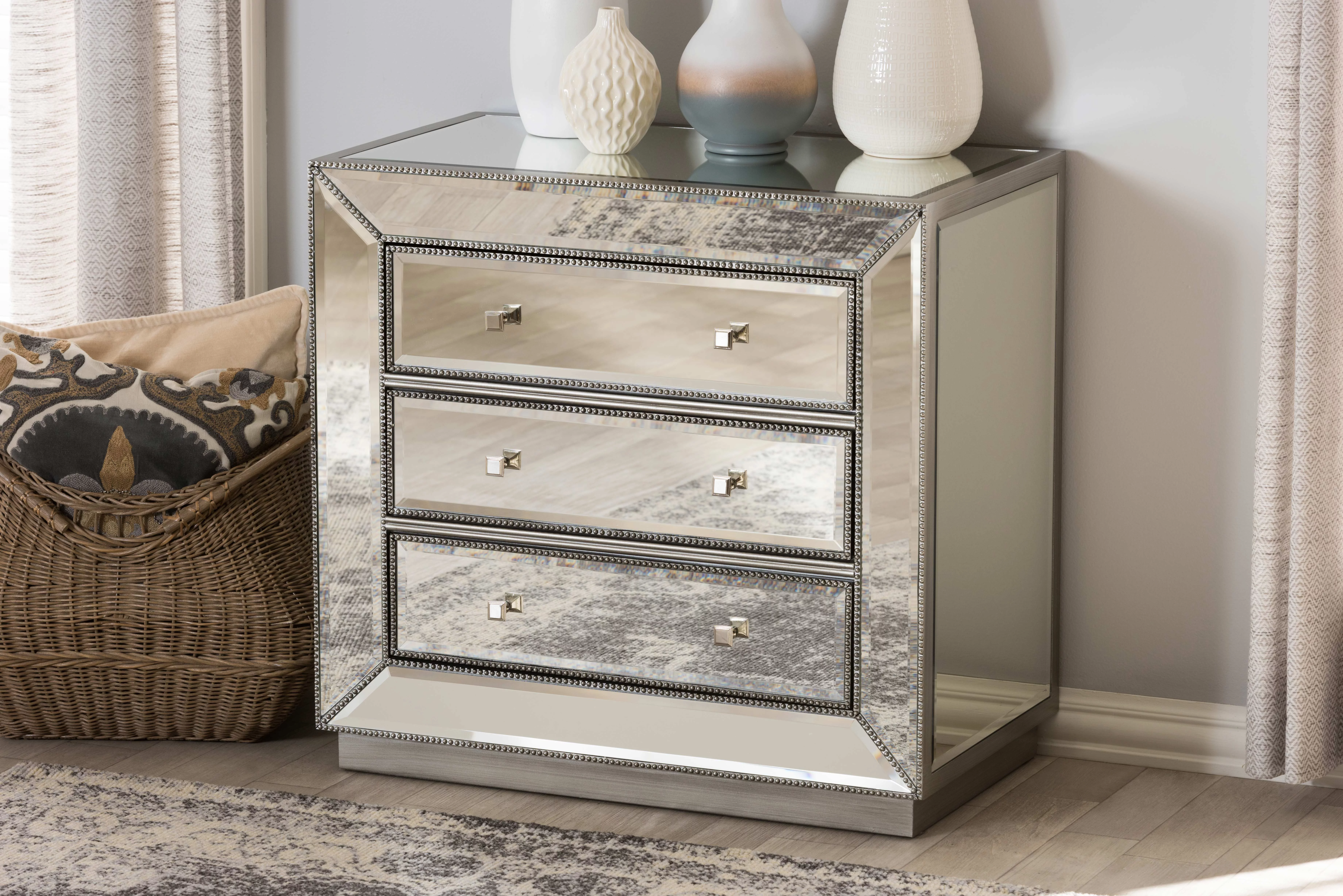 Baxton Studio Edeline Hollywood Regency Glamour Style Mirrored 3-Drawer Cabinet