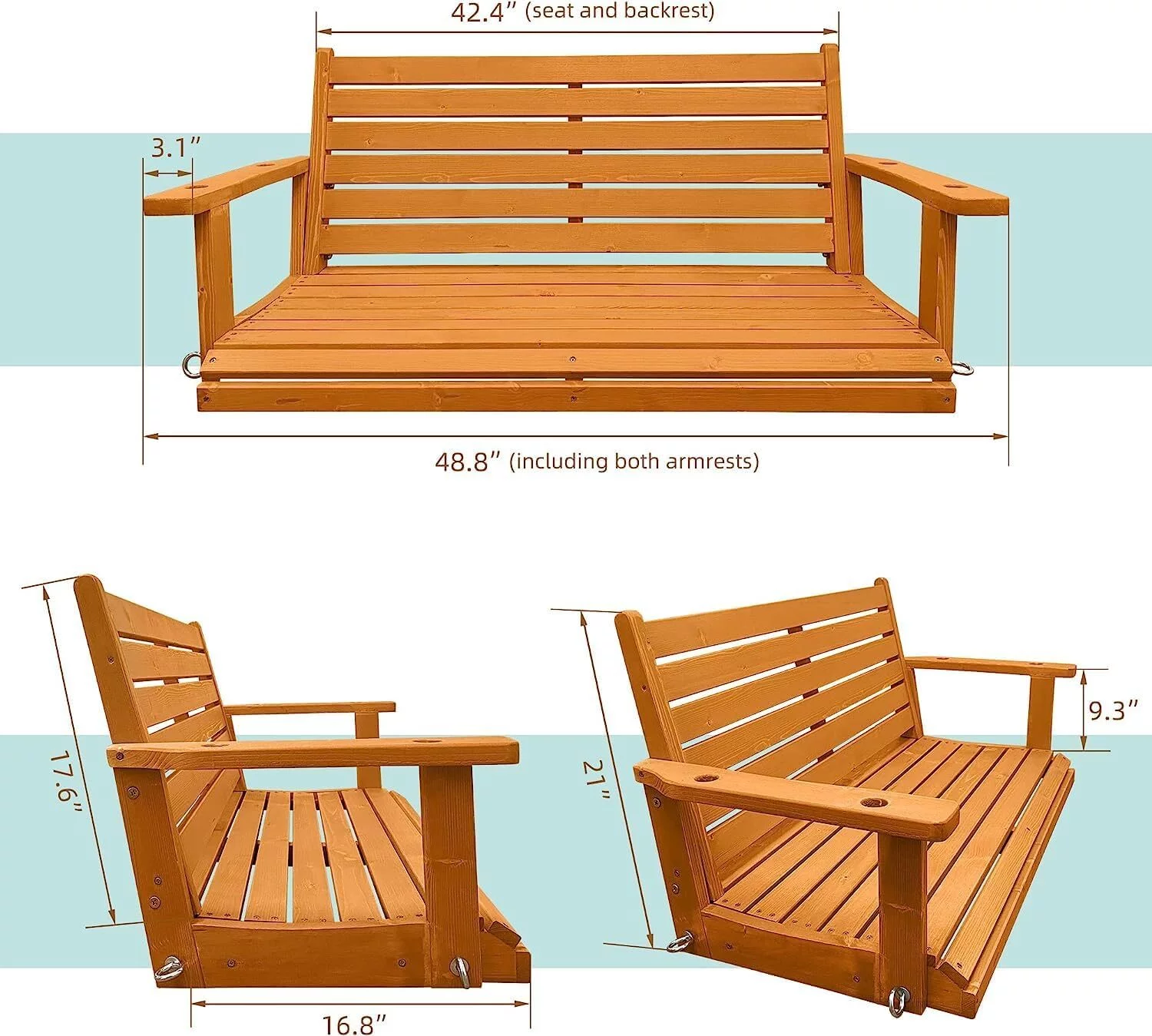 Wooden Porch Swing 2-Seater, Ergonomic Seat, 42.5 Inch Bench Swing for Outdoor Patio Garden Yard, Golden Honey