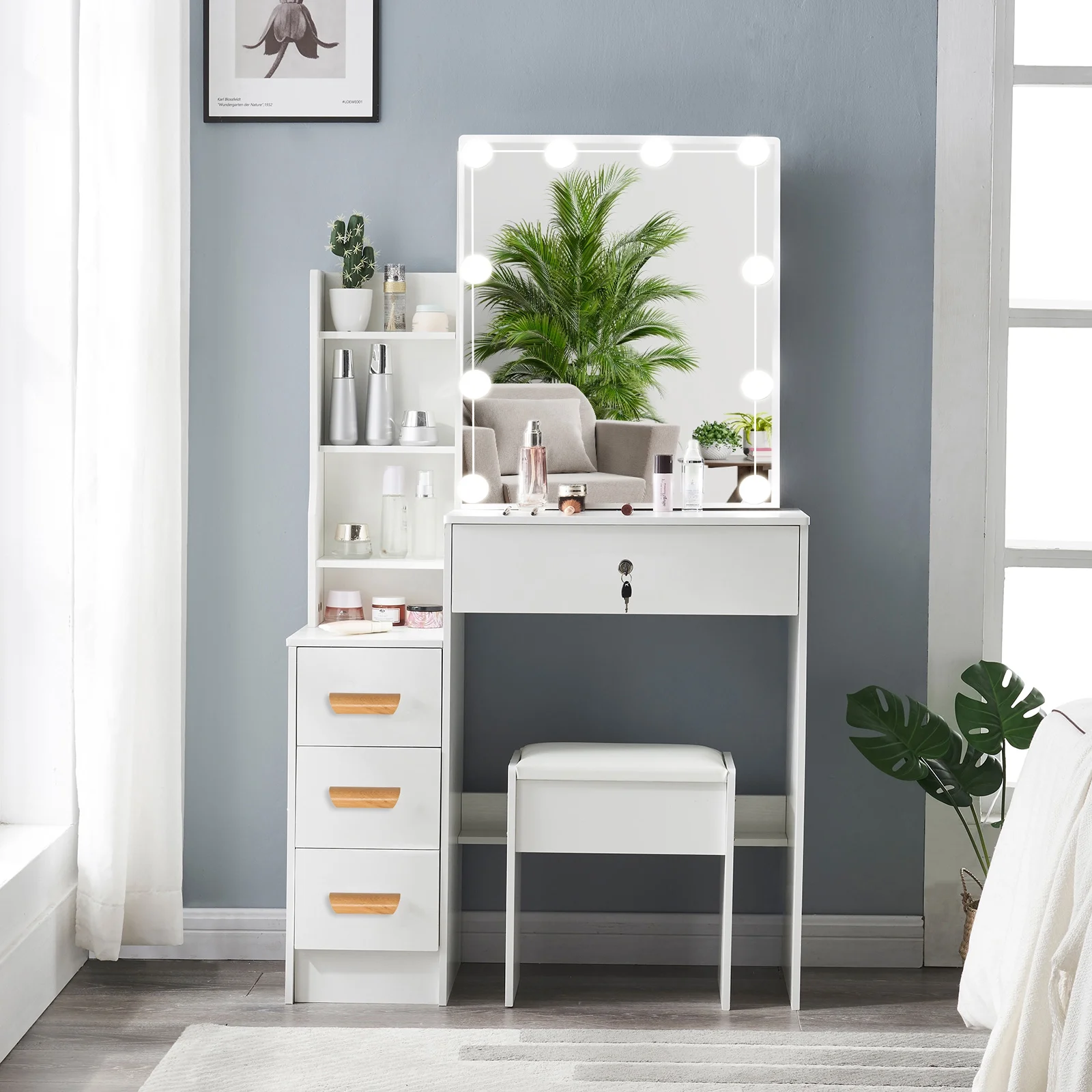 Yamissi Vanity Desk with Lighted Mirror, Makeup Dressing Table with Shelves & Drawers, Vanity Set with Mirror for Bedroom, White