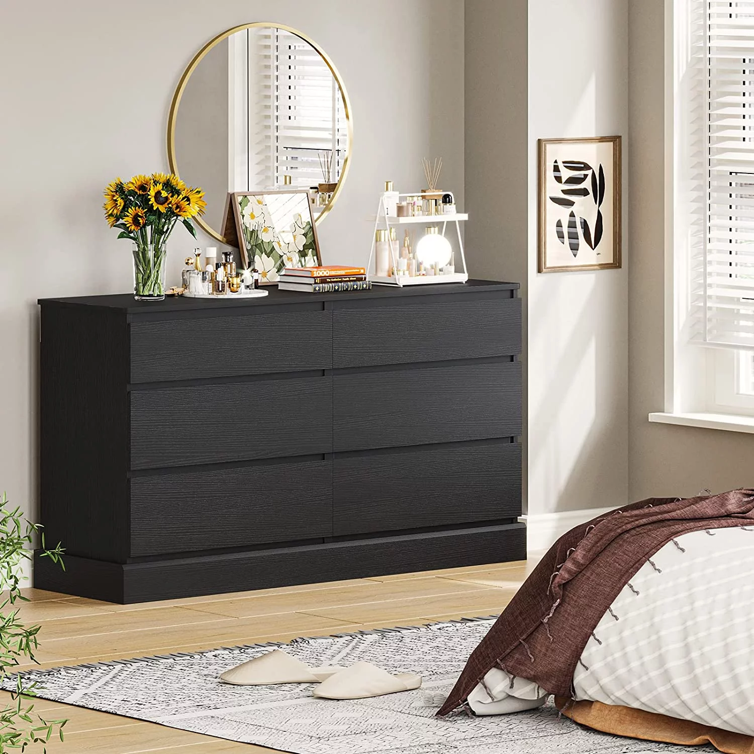 6 Drawer Double Dresser, Large Storage Cabinet for Bedroom, Hallway, Entryway, Black