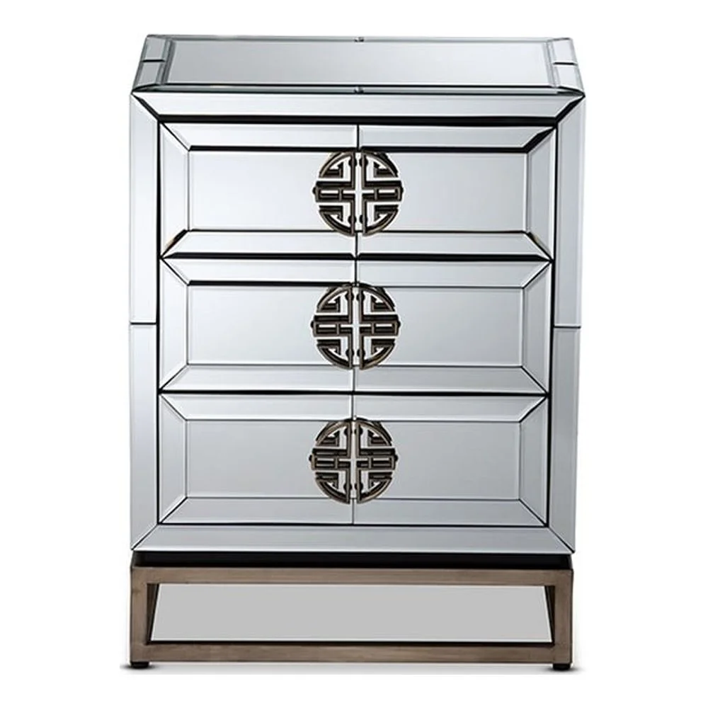 Laken Contemporary Glam and Luxe Mirrored and Antique Bronze Finished 3-Drawer Nightstand