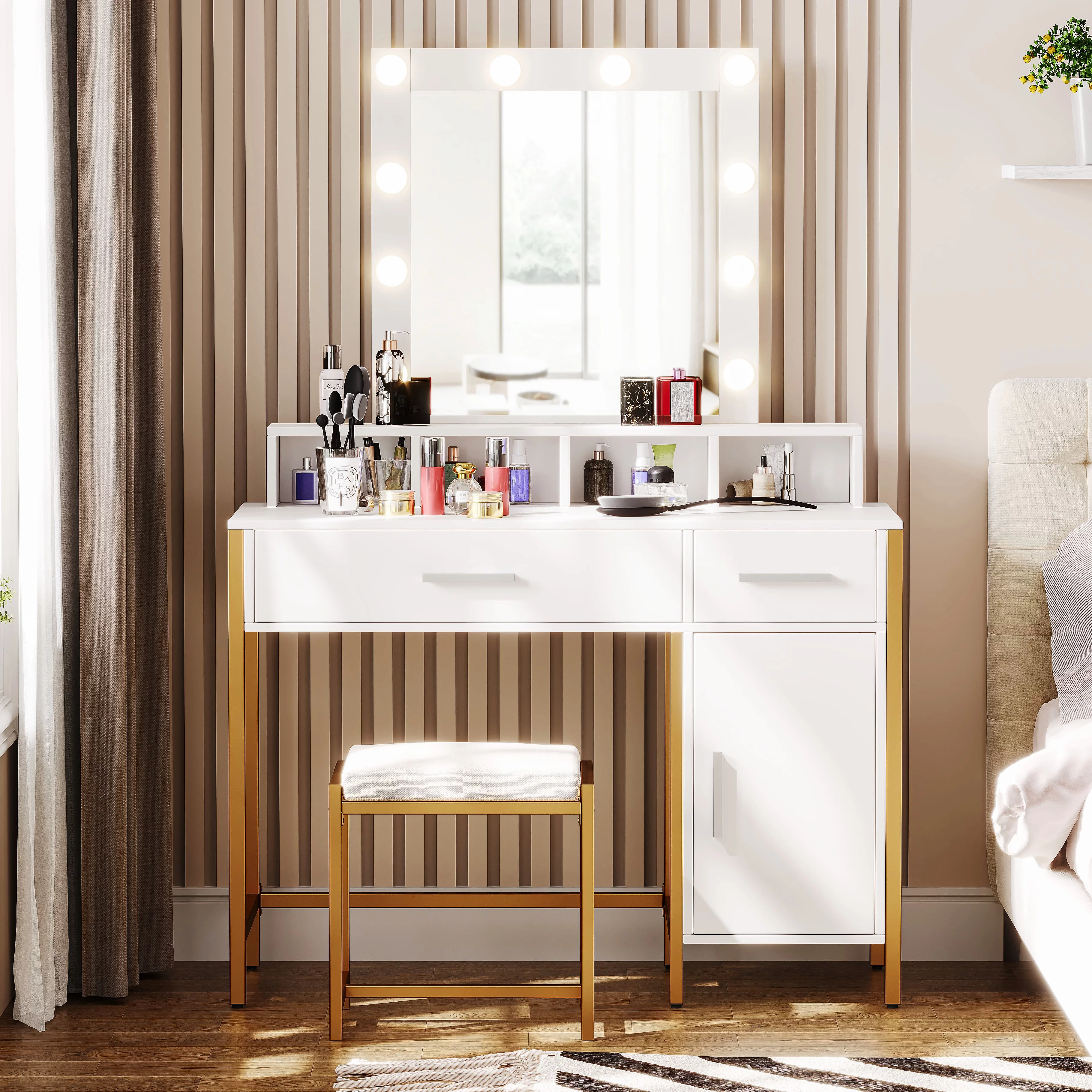 Reettic Vanity Table Set with Lighted Mirror, Makeup Vanity Desk with Storage Cabinet and Drawers, Cushioned Stool, Adjustable Brightness, White RSZT201W