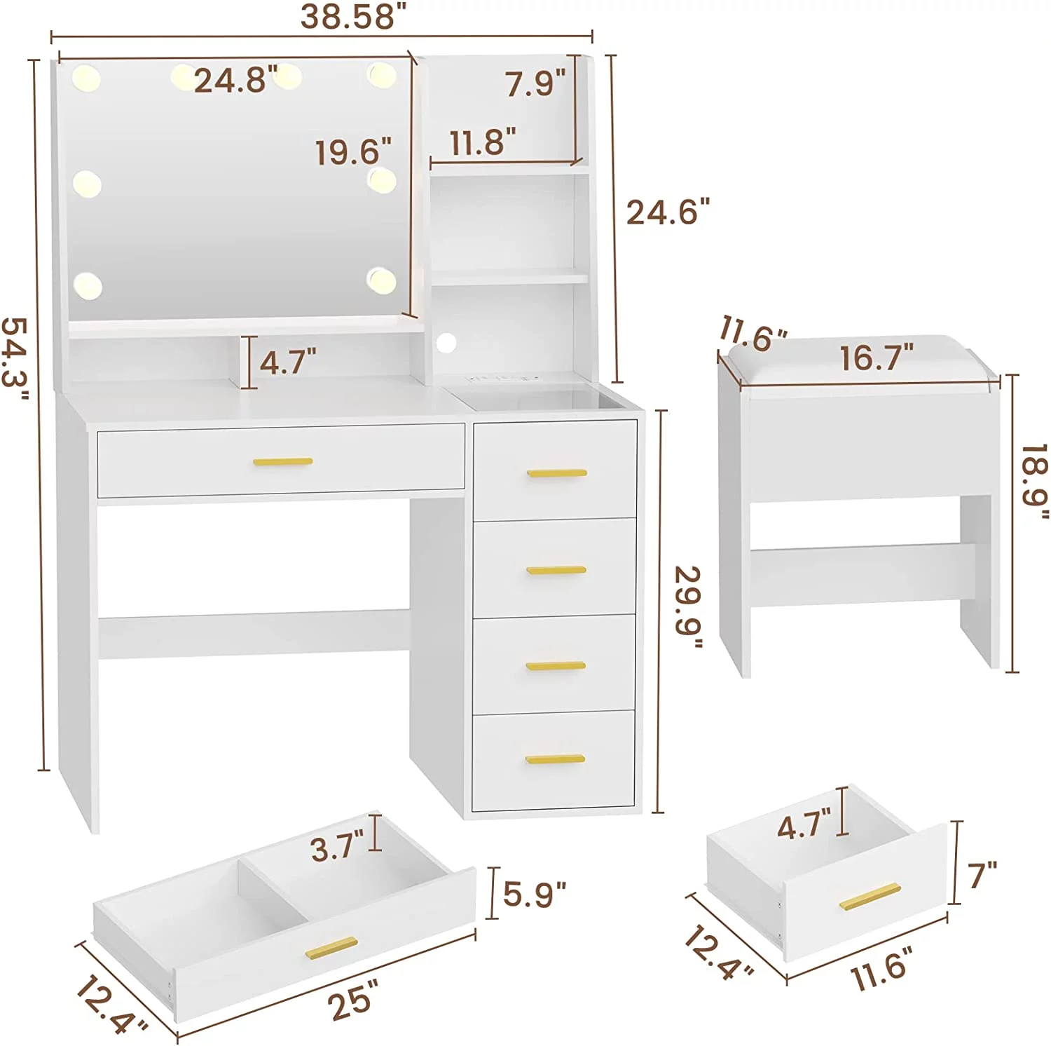 White Vanity Desk with Mirror and Lights,Bedroom Makeup Table Set with Lights & Charging Station,Makeup Desk with Drawers and Storage Shelves and Cushioned Stool