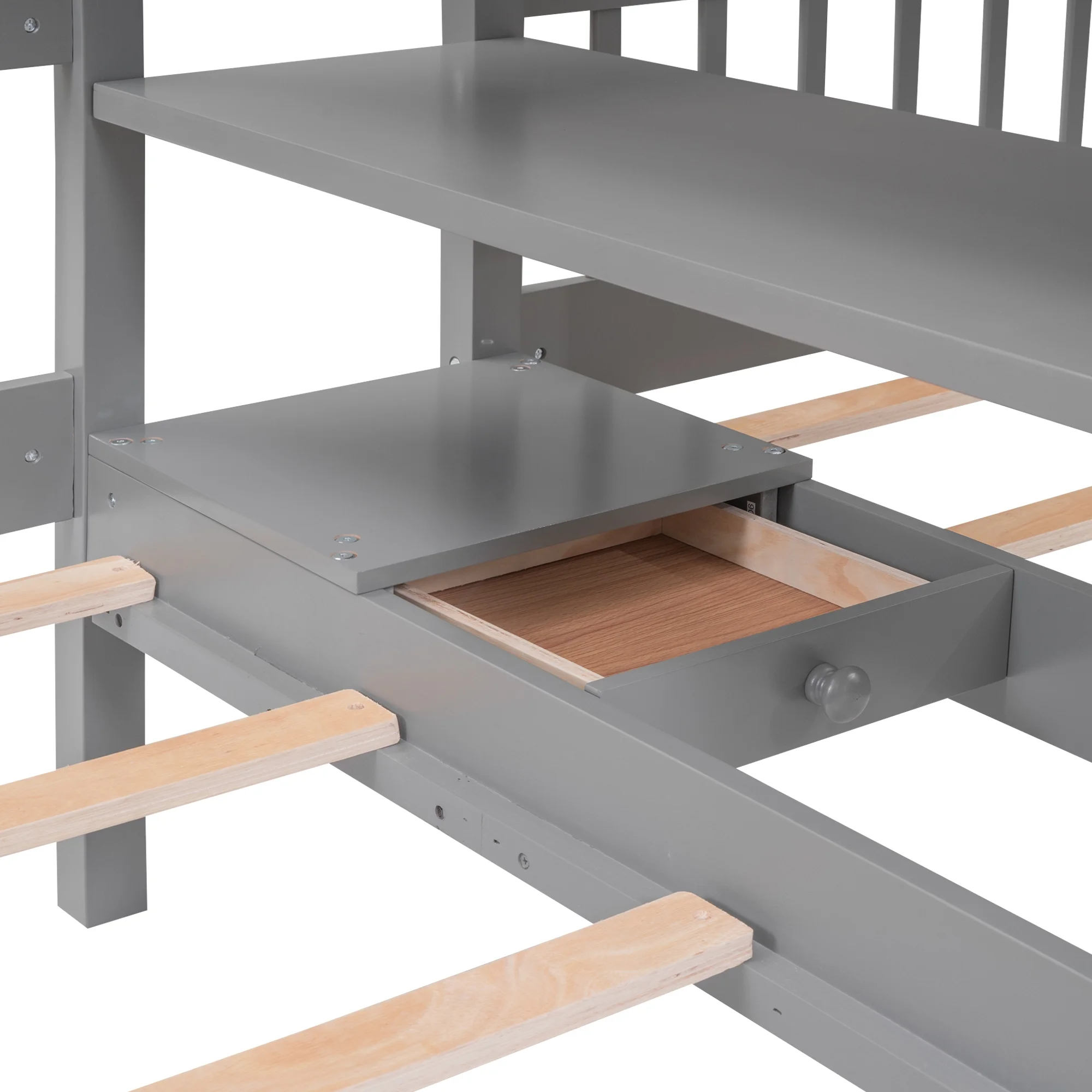 Churanty Full-Over-Twin-Twin Bunk Bed with Shelves, Wardrobe and Mirror, Gray