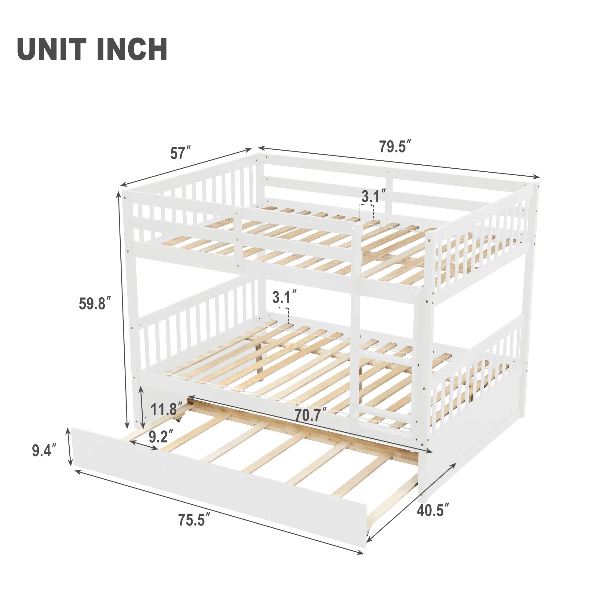 Bellemave Full Over Full Bunk Bed with Trundle,Wooden Trundle Bed Frame with Ladder,Convertible to 2 Platform Beds for Kids Teens Adults(White)