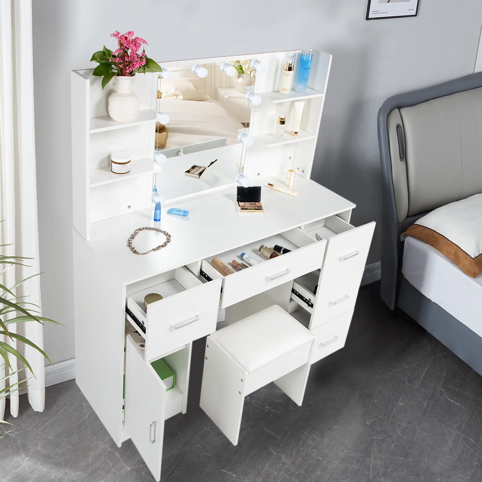 Jarbalai Vanity Set with LED Lights, Makeup Table with Stool, 6 Storage Shelves 5 Drawers, Dressing Table Dresser Desk for Women, Girls, Bedroom, White